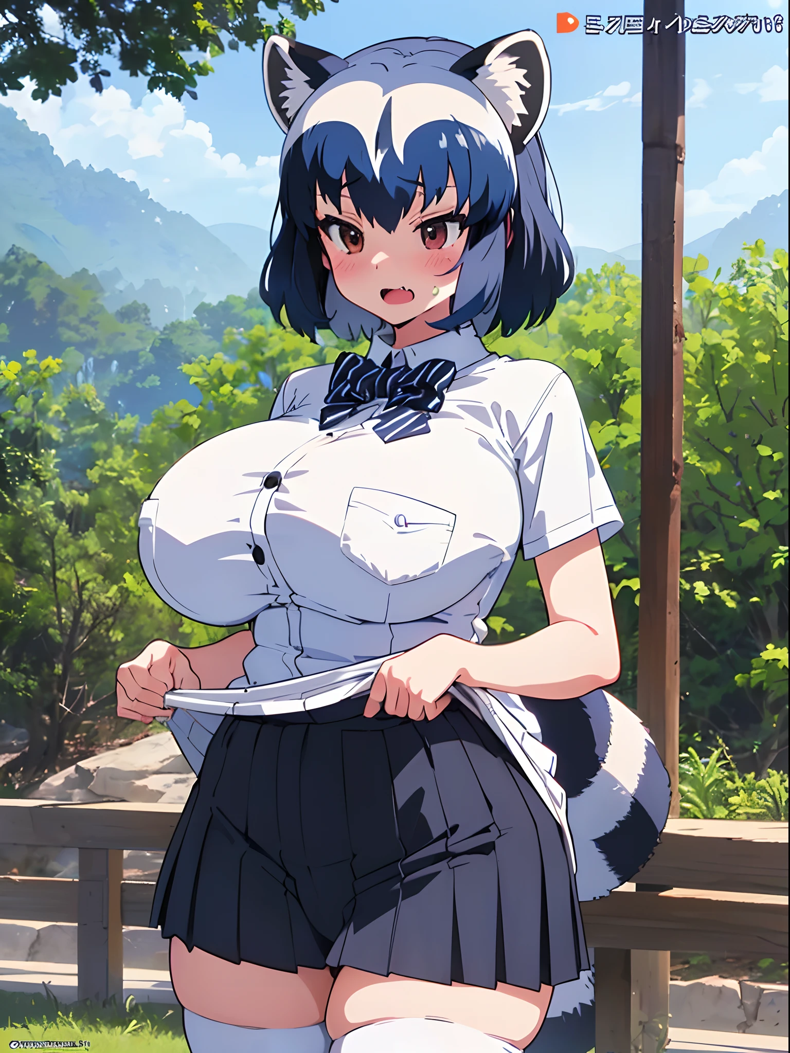 ((masterpiece:1.2), best quality, (extreme detail), (official art), (ultra-detailed), ((anime screencap)), extremely, detailed, (CG), 4k, anime, cowboy shot, gussuripii, twitter @goodsleepy2, 1girl, (solo), common raccoon (kemono friends), raccoon ears, black bowtie, brown eyes, fang, grey and black two-tone hair, black pleated skirt, wide hips, curvy, open mouth, ((full body view)), (large breasts), short hair, taut clothes, breast pocket, ((white taut shirt)), ((button gap)), thick thighs, ((naughty face)), blush, (((lifted skirt by self))), ((striped panties)), ((pantyshot)), wrinkles in clothes, black thighhighs,