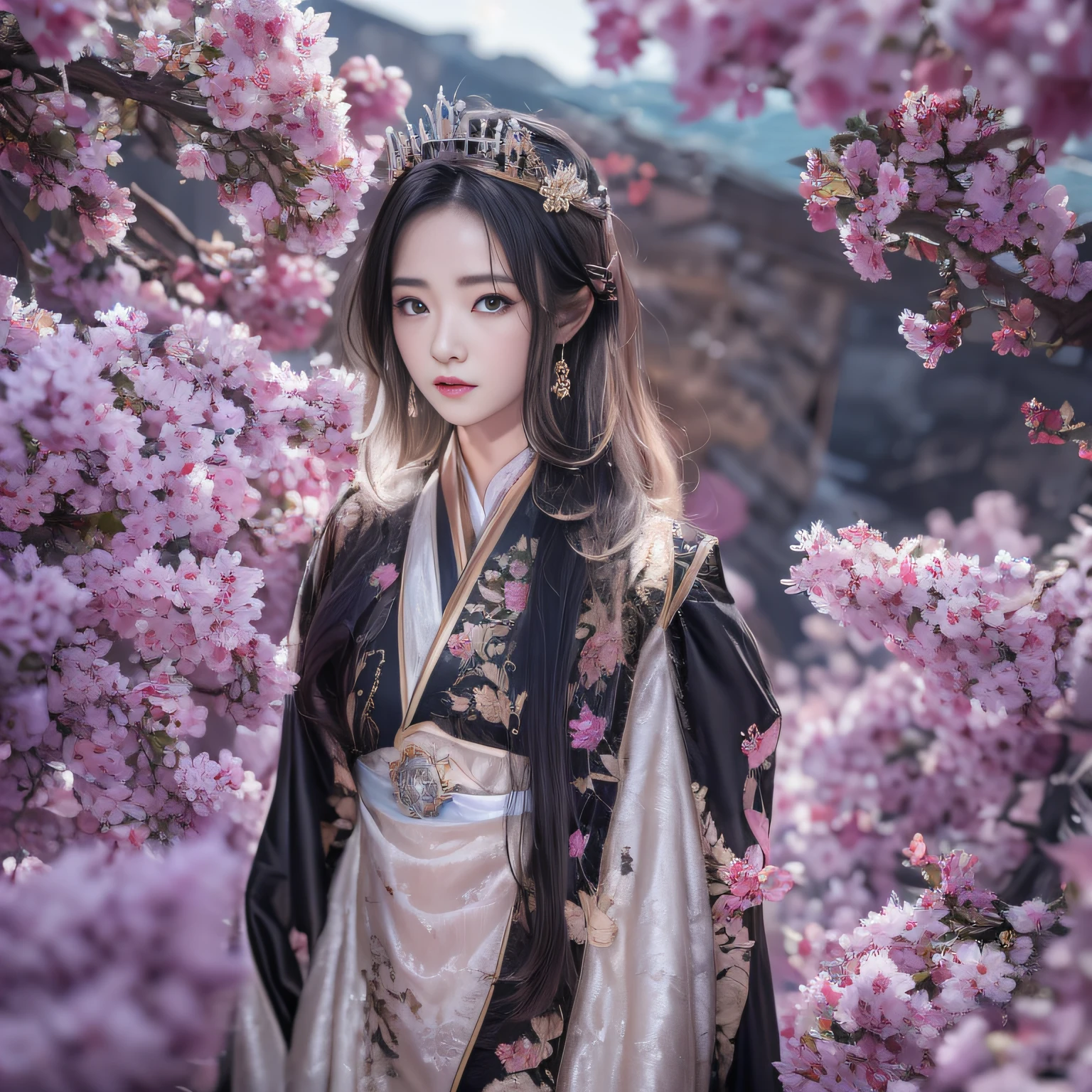 32K(tmasterpiece,k hd,hyper HD,32K)Long flowing black hair,ponds,Xuzhou girl ,Daisy protector (realisticlying:1.4),Python pattern robe,Purple-pink tiara,Pear blossoms flutter,The canyon background is pure,Hold your head high,Be proud,The nostrils look at people, A high resolution, the detail, RAW photogr, Sharp Re, Nikon D850 Film Stock Photo by Jefferies Lee 4 Kodak Portra 400 Camera F1.6 shots, Rich colors, ultra-realistic vivid textures, Dramatic lighting, Unreal Engine Art Station Trend, cinestir 800,Hold your head high,Be proud,The nostrils look at people