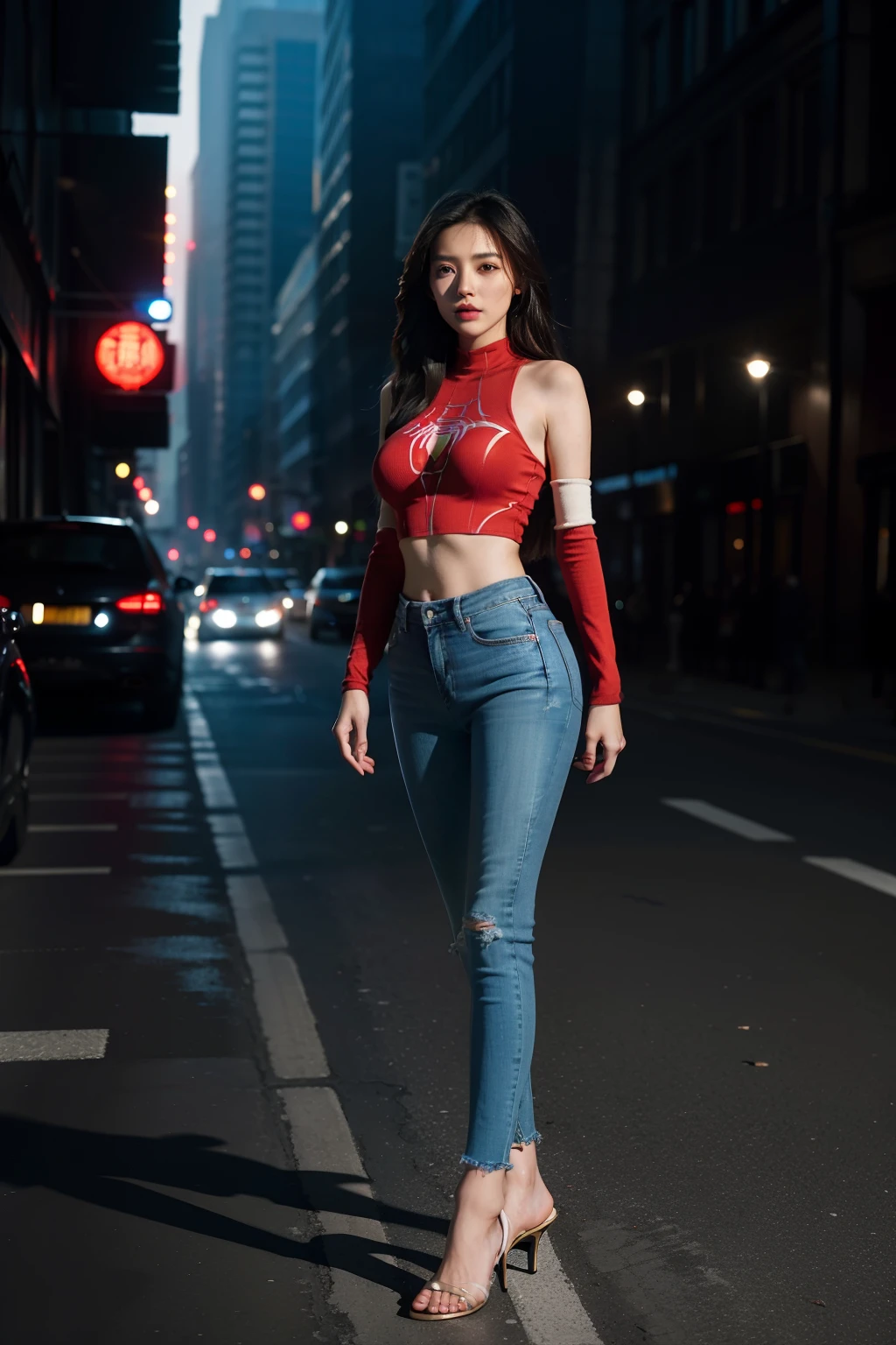 primitive，tmasterpiece，ultra fine photos，best qualtiy，超高分辨率，Photoreality，rays of sunshine，full-body portraits，stunningly beautiful，dynamicposes，Chinese beautiful woman，Vibrant eyes，（seen from the side），2girls，One dressed in a futuristic Iron Man costume，skintight jeans，turtleneck top，cropped shoulders，The other is dressed in a futuristic Spider-Man costume，No big breasts，Look out into the crowd，very highly detailed background，detailed face with，Detailed and complex busy background，Untidy，opulent，milkyW，Highly detailed skin，Realistic details of skin，Visible Pore，tack sharp focus，volume fog，8K  UHD，digital SLR camera，high qulity，
