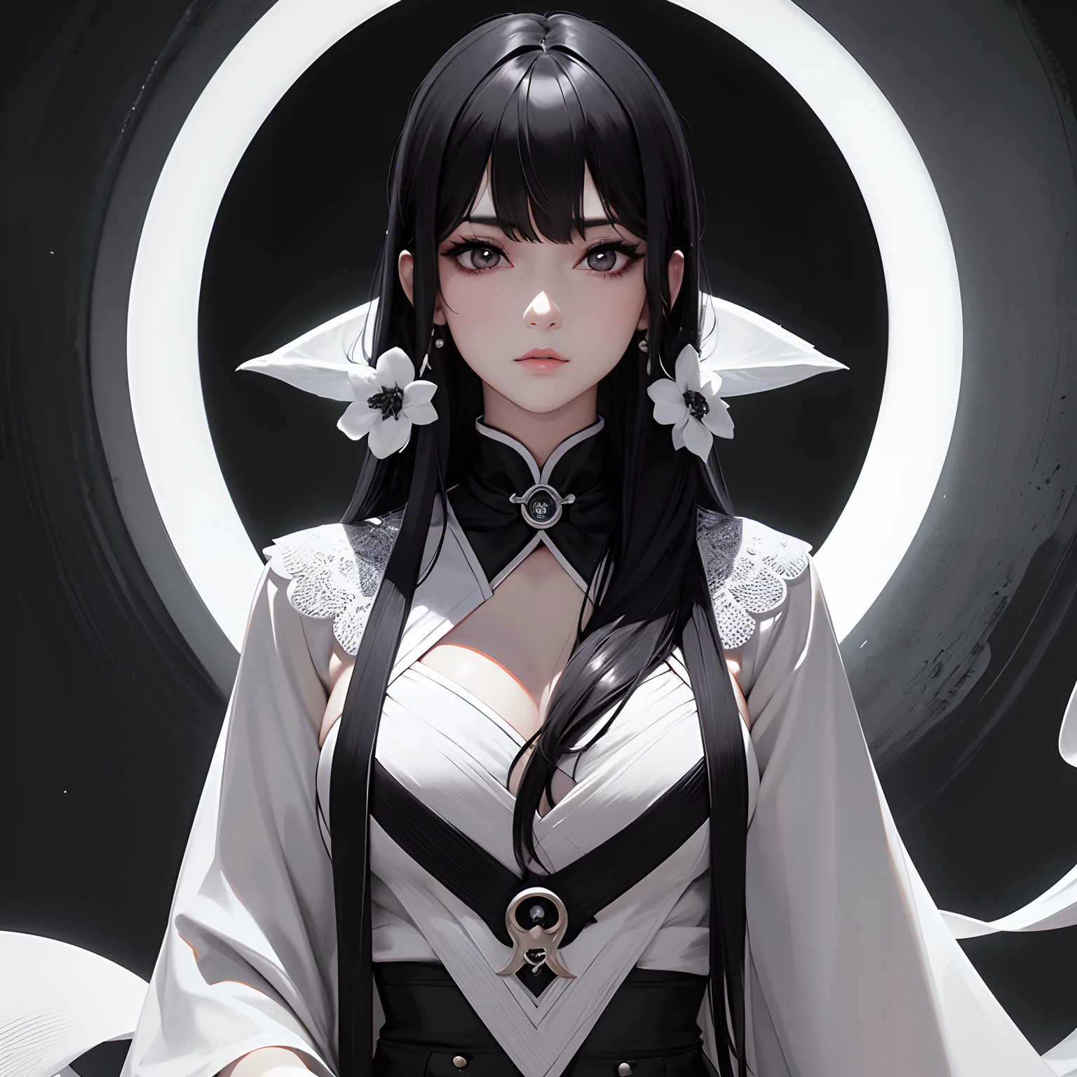 masterpiece、top-quality、hight resolution、High-quality images、8K、1womanl、detaileds、Detailed eye depiction、skin gloss、Lustrous black hair、Monochrome grayscale、Lisa、portlate、taijitu、Master's virtuosity