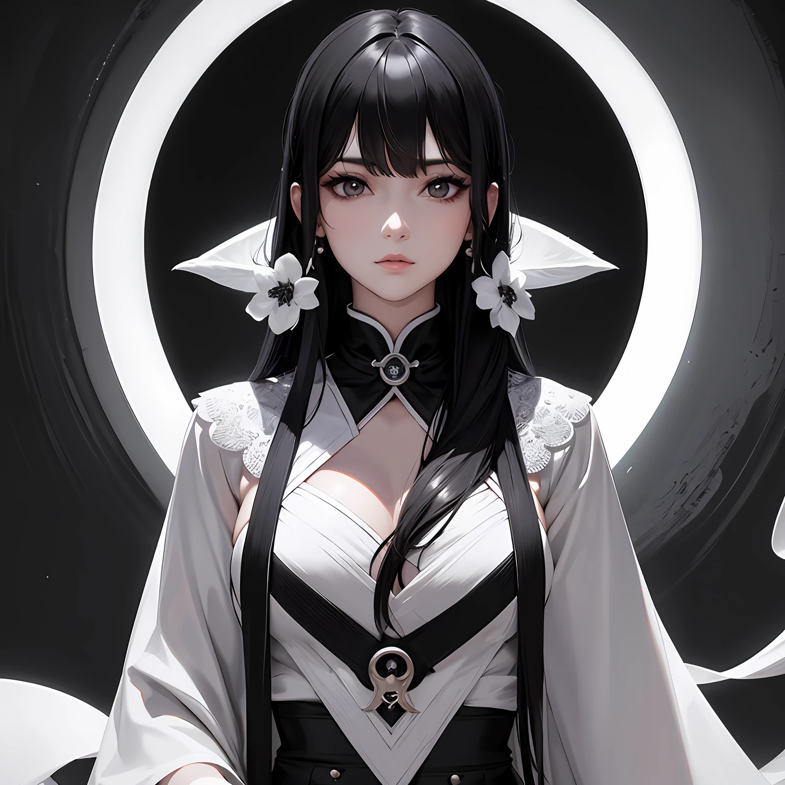 masterpiece、top-quality、hight resolution、High-quality images、8K、1womanl、detaileds、Detailed eye depiction、skin gloss、Lustrous black hair、Monochrome grayscale、Lisa、portlate、taijitu、Master's virtuosity