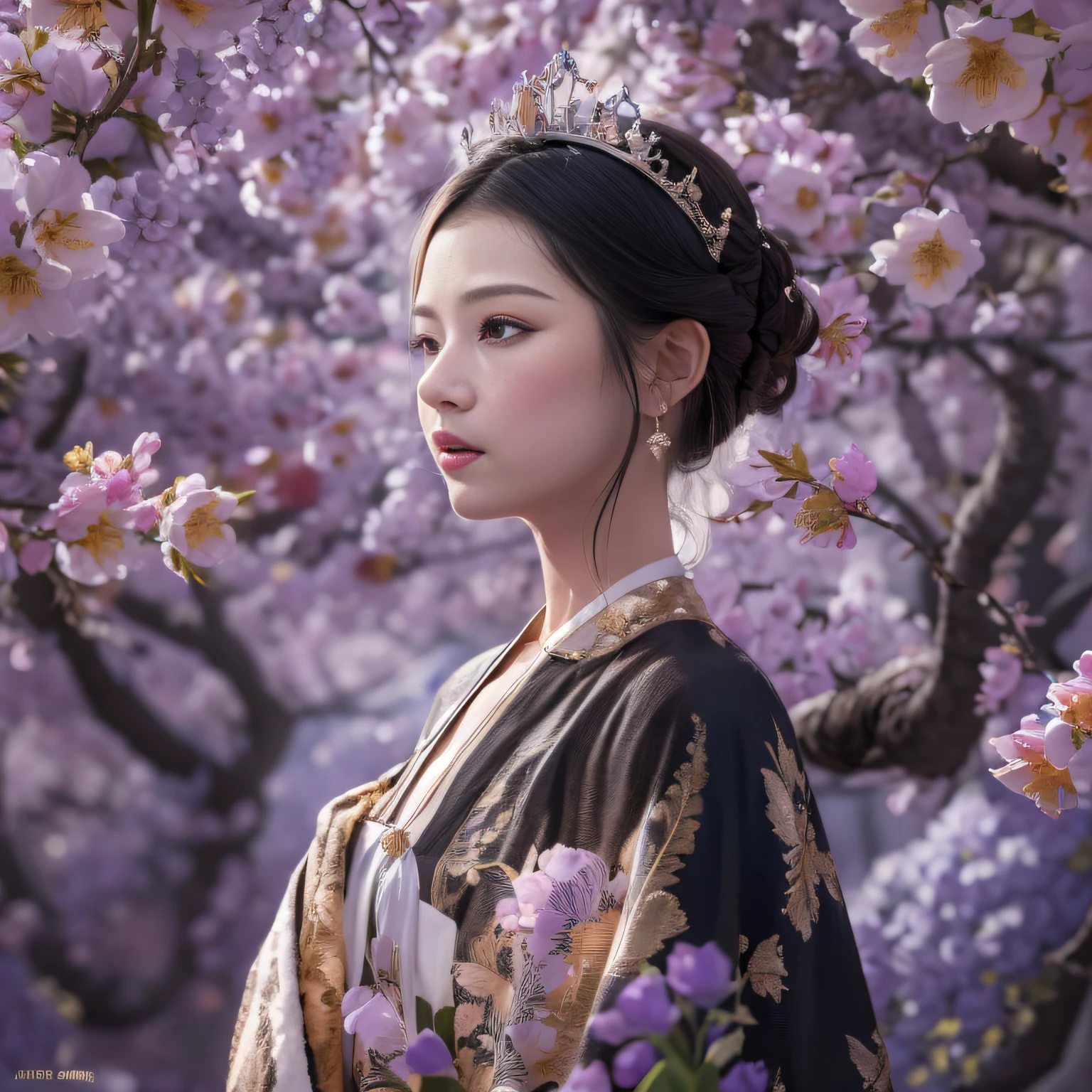 32K(tmasterpiece,k hd,hyper HD,32K)Long flowing black hair,ponds,Xuzhou girl ,Tulip protector (realisticlying:1.4),Python pattern robe,Purple-pink tiara,Pear blossoms flutter,The background is pure,Hold your head high,Be proud,The nostrils look at people, A high resolution, the detail, RAW photogr, Sharp Re, Nikon D850 Film Stock Photo by Jefferies Lee 4 Kodak Portra 400 Camera F1.6 shots, Rich colors, ultra-realistic vivid textures, Dramatic lighting, Unreal Engine Art Station Trend, cinestir 800,Hold your head high,Be proud,The nostrils look at people