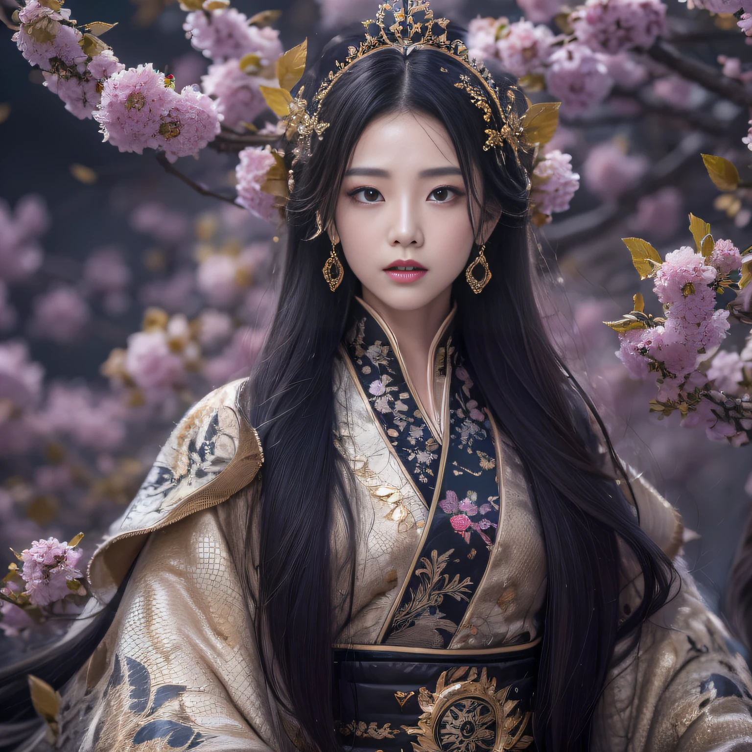 32K(tmasterpiece,k hd,hyper HD,32K)Long flowing black hair,Golden pond,The king ,Xuzhou girl (realisticlying:1.4),Python pattern robe,Purple-pink tiara,Plum blossoms fluttering,Wolf smoke background,Hold your head high,Be proud,The nostrils look at people, A high resolution, the detail, RAW photogr, Sharp Re, Nikon D850 Film Stock Photo by Jefferies Lee 4 Kodak Portra 400 Camera F1.6 shots, Rich colors, ultra-realistic vivid textures, Dramatic lighting, Unreal Engine Art Station Trend, cinestir 800,Hold your head high,Be proud,The nostrils look at people,Long flowing black hair