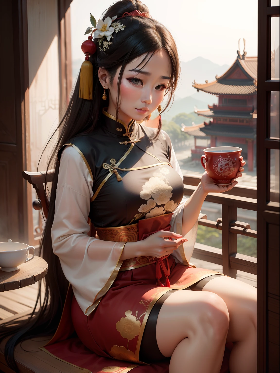 Best quality，Complicated details，High- sharpness，（beautiful detailed  water：1.4），（Hanfu，Tang style），Colorful eyes，（Girl in a glass jar：1.1）Kneeling on both knees，had his hands folded， --auto