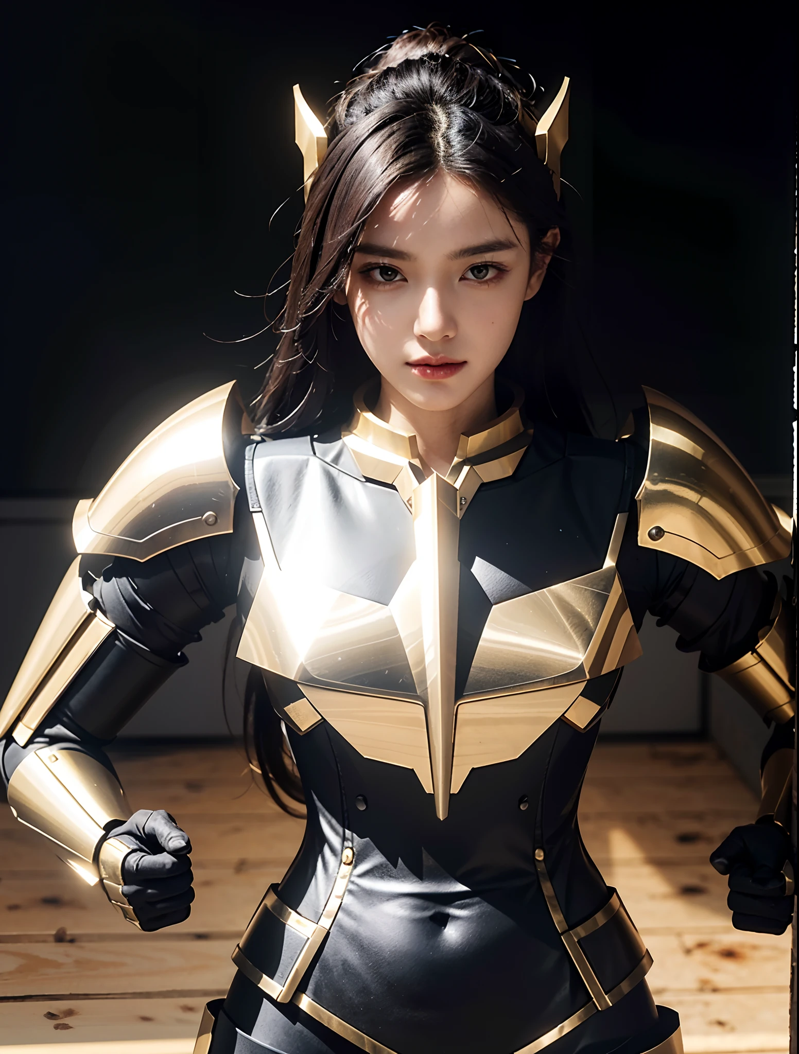 Masterpiece, Best quality, Sword equips mechs, Golden-black color scheme,Purple-black color scheme, greek god in mecha style, Concept armor, Extremely detailed CG unified 8K wallpaper，female mecha，8K分辨率，Lightweight armor，The armor thickness is very thin，The armor is very thin and light，The armor is very close-fitting，The girl's beautiful legs can be seen，Woman wearing black latex underwear，The woman has a face like a god of beauty，The girl has satin-like hair，Girl wearing white pantyhose