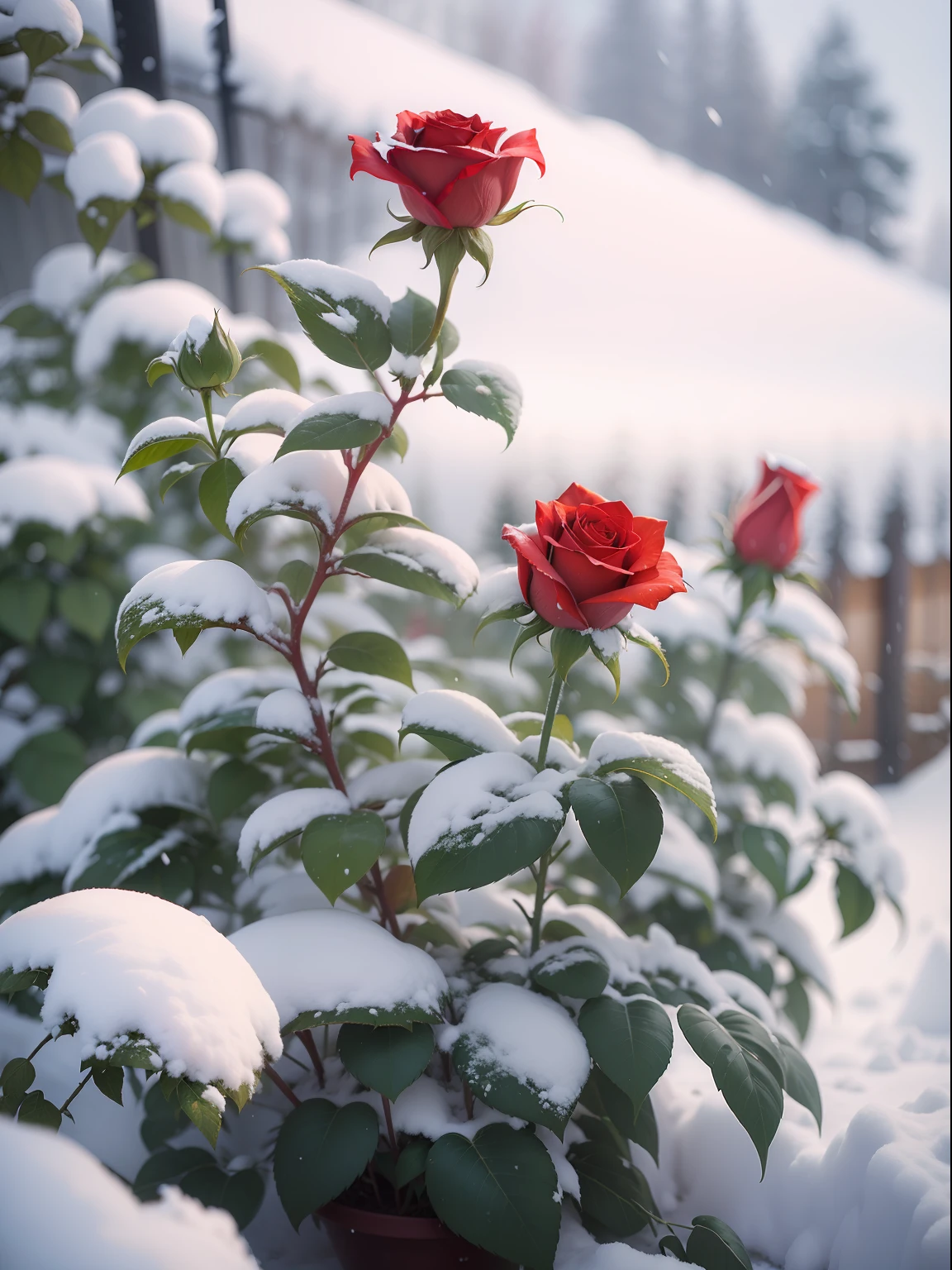 Red roses grow on the bushes, Leaves and petals are covered with dust and snow,Shot with Canon 35mm lens, photo of a rose, taken with a pentax k1000, Shot with Pentax 1000, Two 5-mm ports, Shot at Kodak Portra, Rose Twinings, Red Rose, 35mm shot