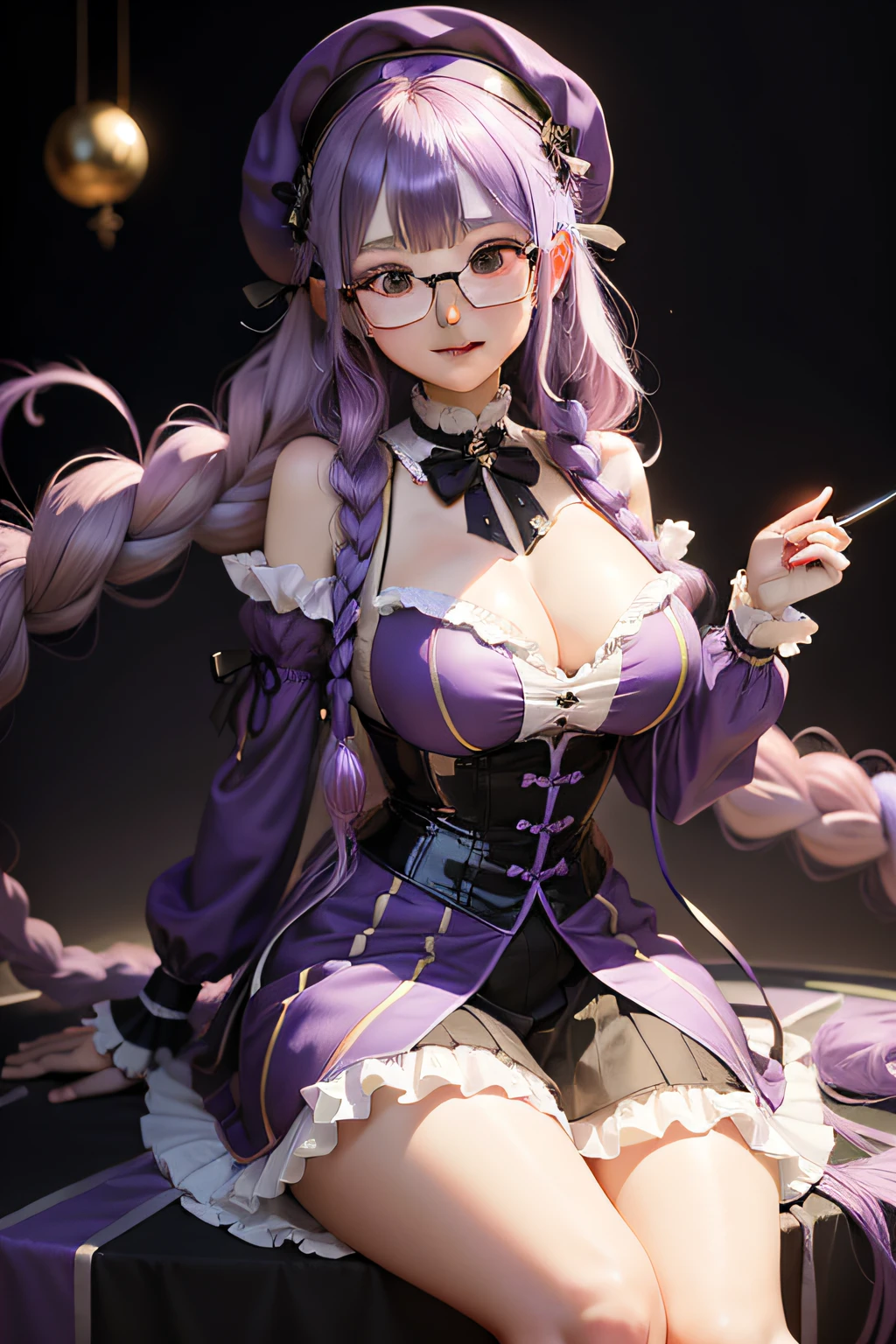 lilac purple hair、cat ear、Strawberry hairpins、beret、round frame glasses、dual horsetail、long whitr hair、Braided sides at the sides，Long braids，Dull hair，Purple pupils、Round pupils、neck rings、Hit the singing suit，Anatomically correct，Moles under eyes，anime big breast，Light smile，naughty big breasts，By bangs，Ray tracing。