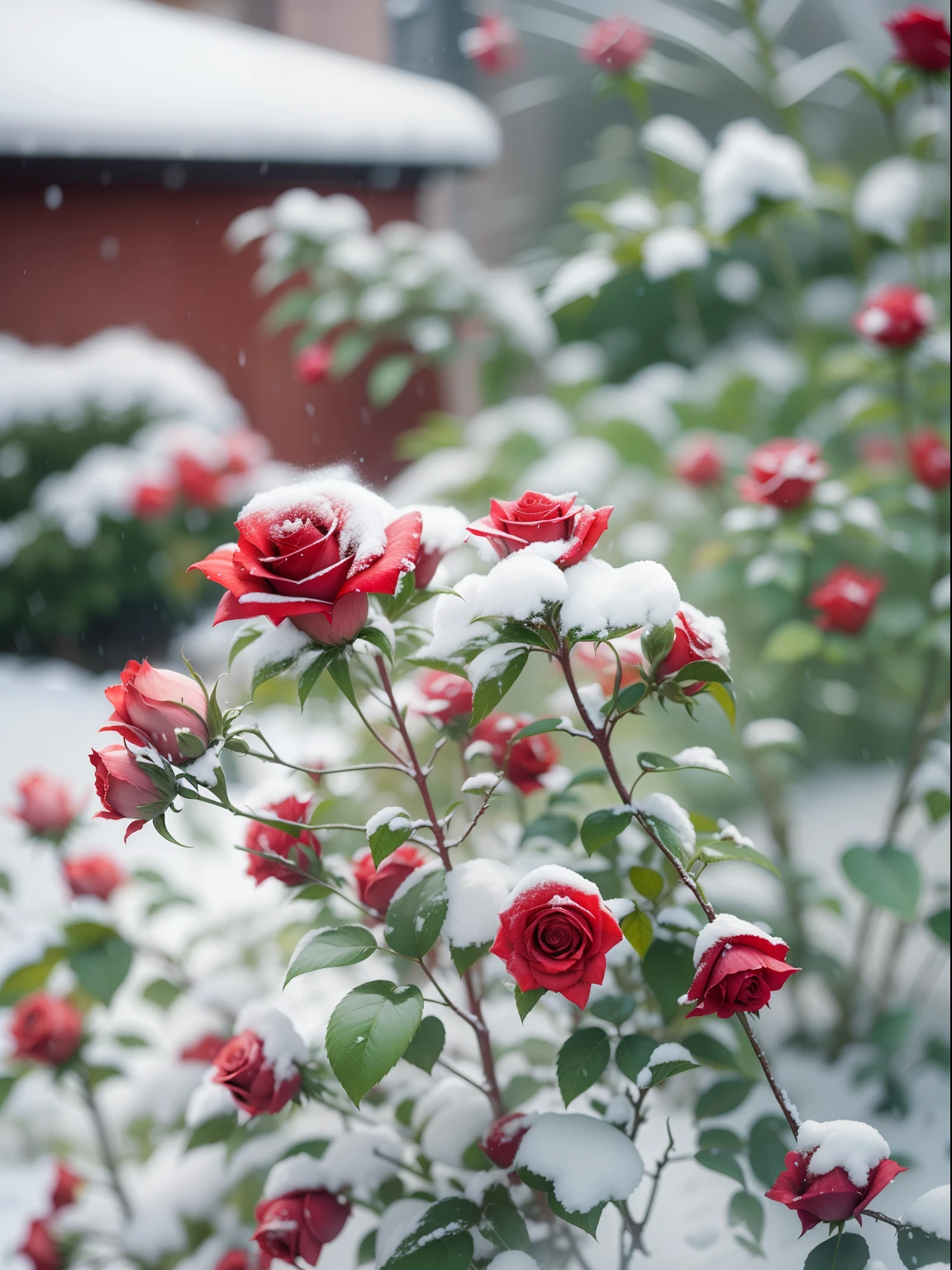 Red roses grow on the bushes, Leaves and petals are covered with dust and snow,Shot with Canon 35mm lens, photo of a rose, taken with a pentax k1000, Shot with Pentax 1000, Two 5-mm ports, Shot at Kodak Portra, Rose Twinings, Red Rose, 35mm shot
