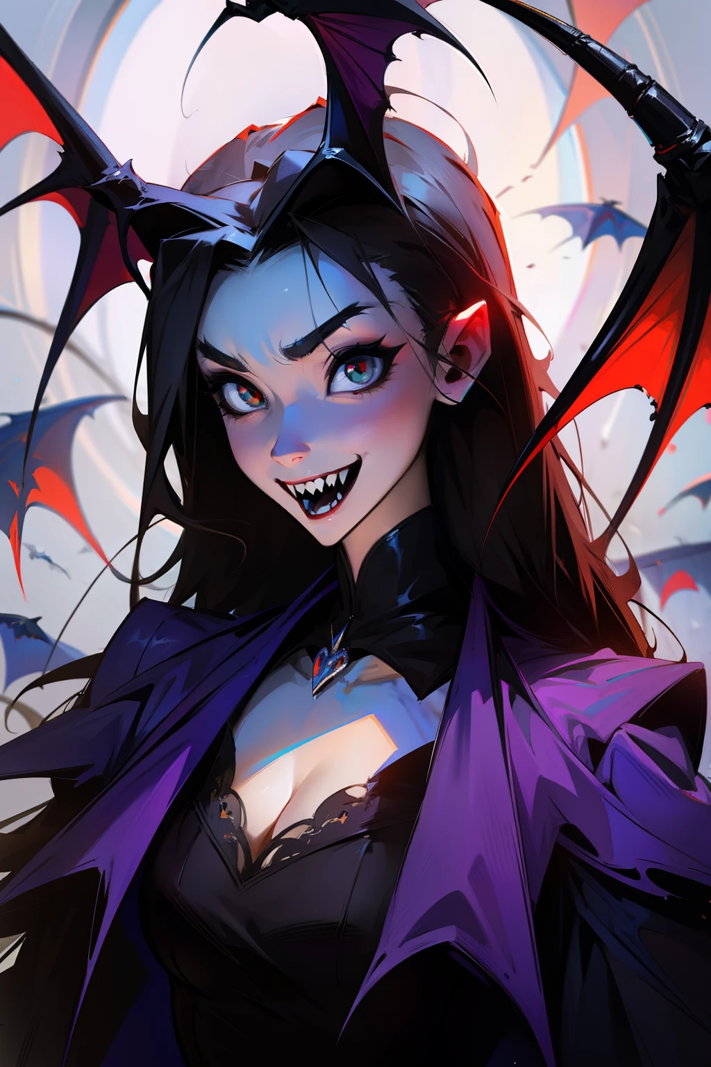 high quality, masterpiece, 8k, exquisite, beautiful, Trixie Lulamoon from Equestria Girls in a Batman Who Laughs or Batman Dark Metal version, dark and mysterious atmosphere, Trixie wearing a hybrid costume combining elements of Batman and the Batman Who Laughs, sinister and twisted expression, glowing red eyes, sharp and menacing grin, flowing cape and cowl, intricate details on the costume, dark and gritty color palette, dramatic lighting casting eerie shadows, Gotham City skyline in the background, sense of danger and intrigue, intense and captivating mood