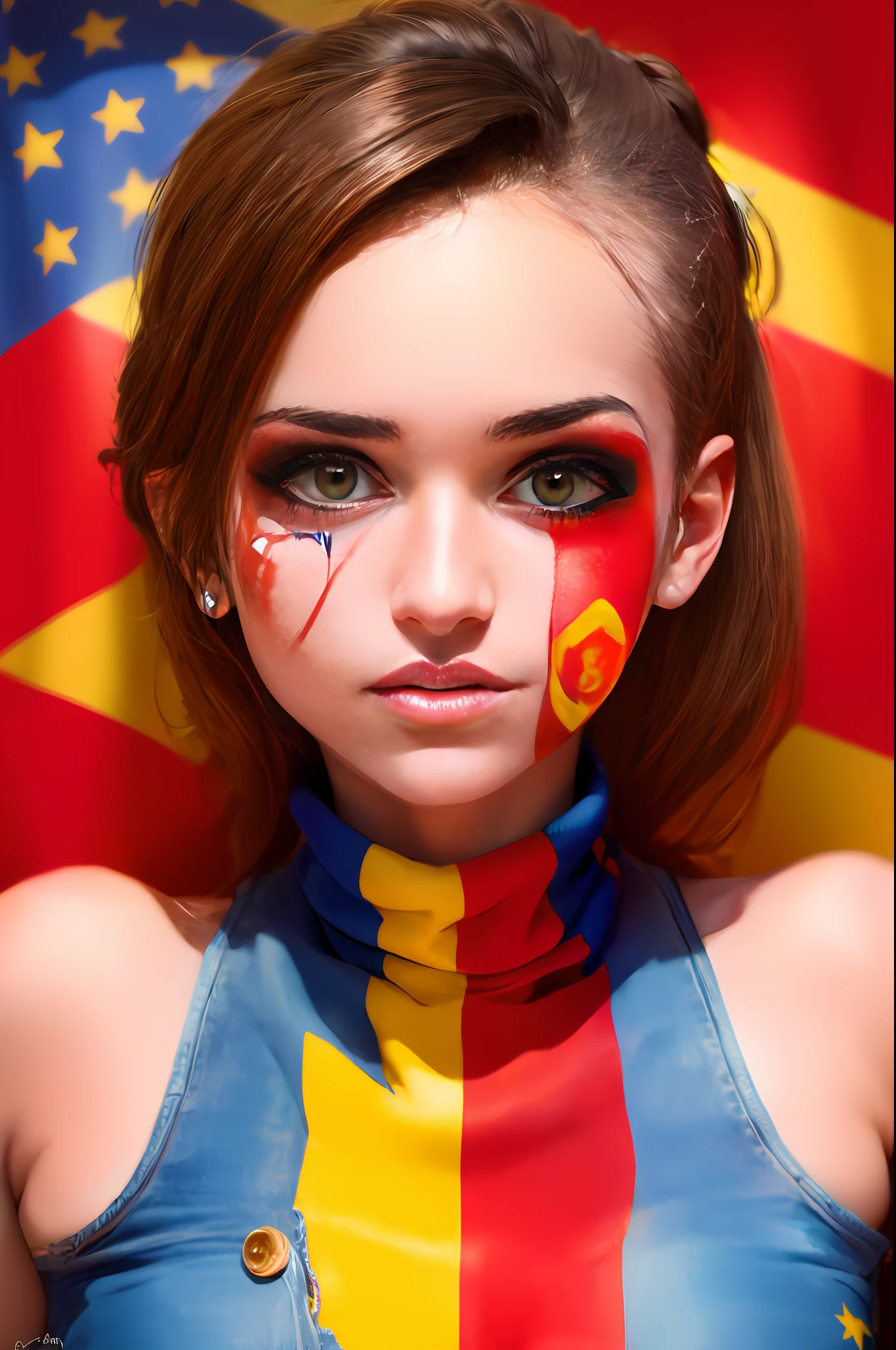 Spanish girl's face, (the Spanish flag tattooed on one cheek).