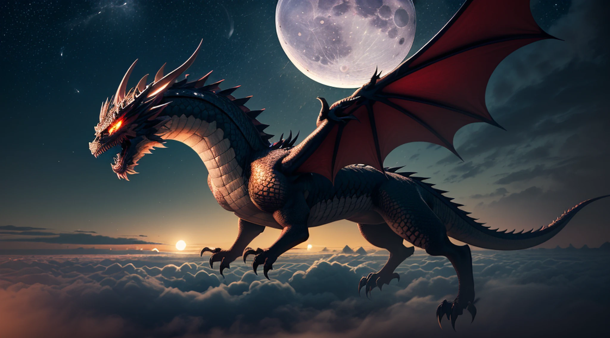 A dragon is flying, Chinese dragon, (length: 1.2), (fine: 1.2), long hair, sharp teeth, Red Eyes Spitfire, Dynamic angle, teeth, huge, (An oversized moonlight:1.5), (ultra-detailed:1.5), 128k, cinematic angle, floating, (detailed light), beautifully detailed sky, starry sky, (lighting particle), fog, snow, (painting), (sketch), Screen 16:9, lifelike texture, Hires upscale: 1.7, Hires upscaler: 4x_NMKD-Siax_200k, Denoising strength: 0.45, (extremely detailed CG unity 64k wallpaper:1.1), (illustration), cinematic lighting, (bloom), Luminism, (((masterpiece))), (((best quality)))