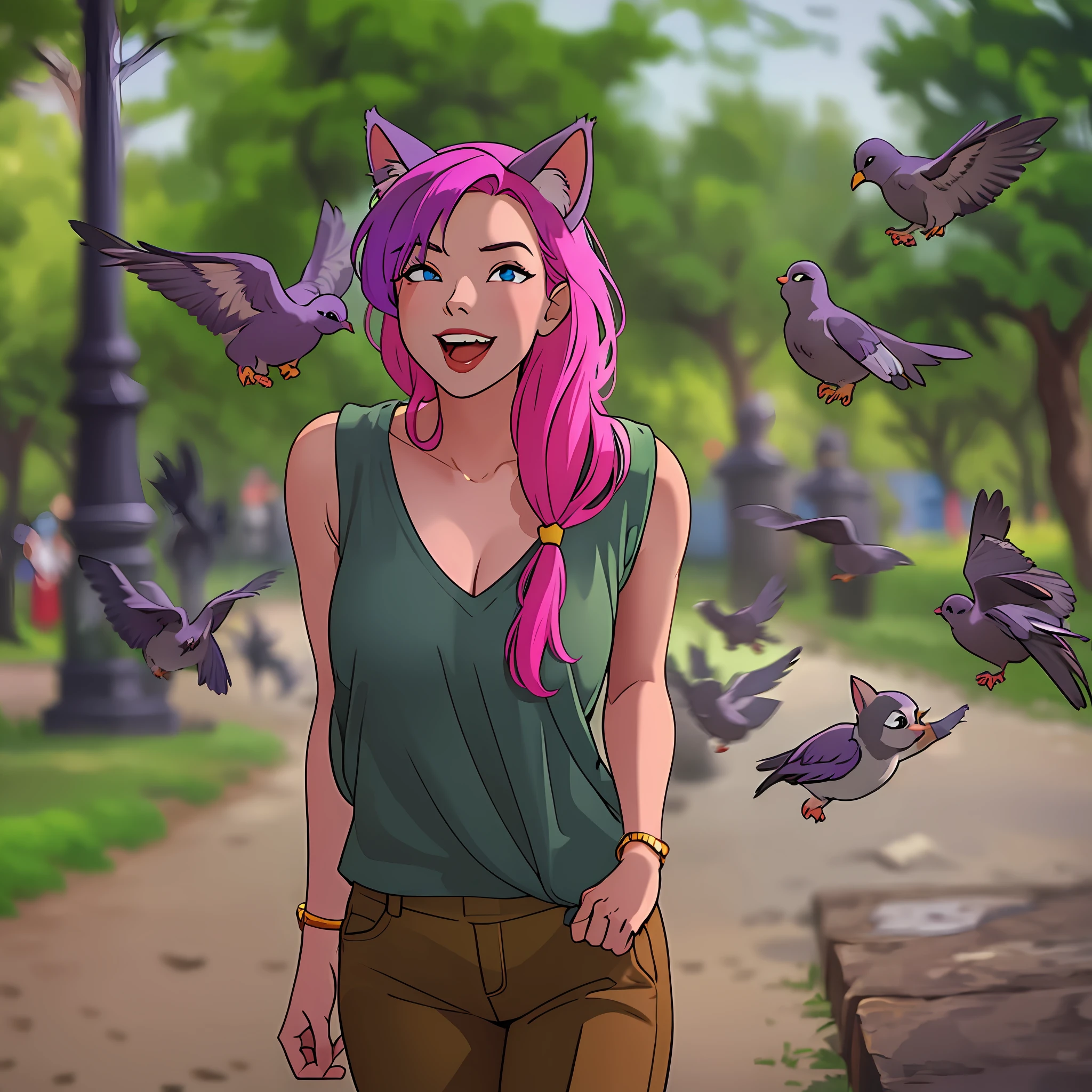 vibrant hair, cat ears, photogenic smile, v neck shirt, chasing pigeons in the park