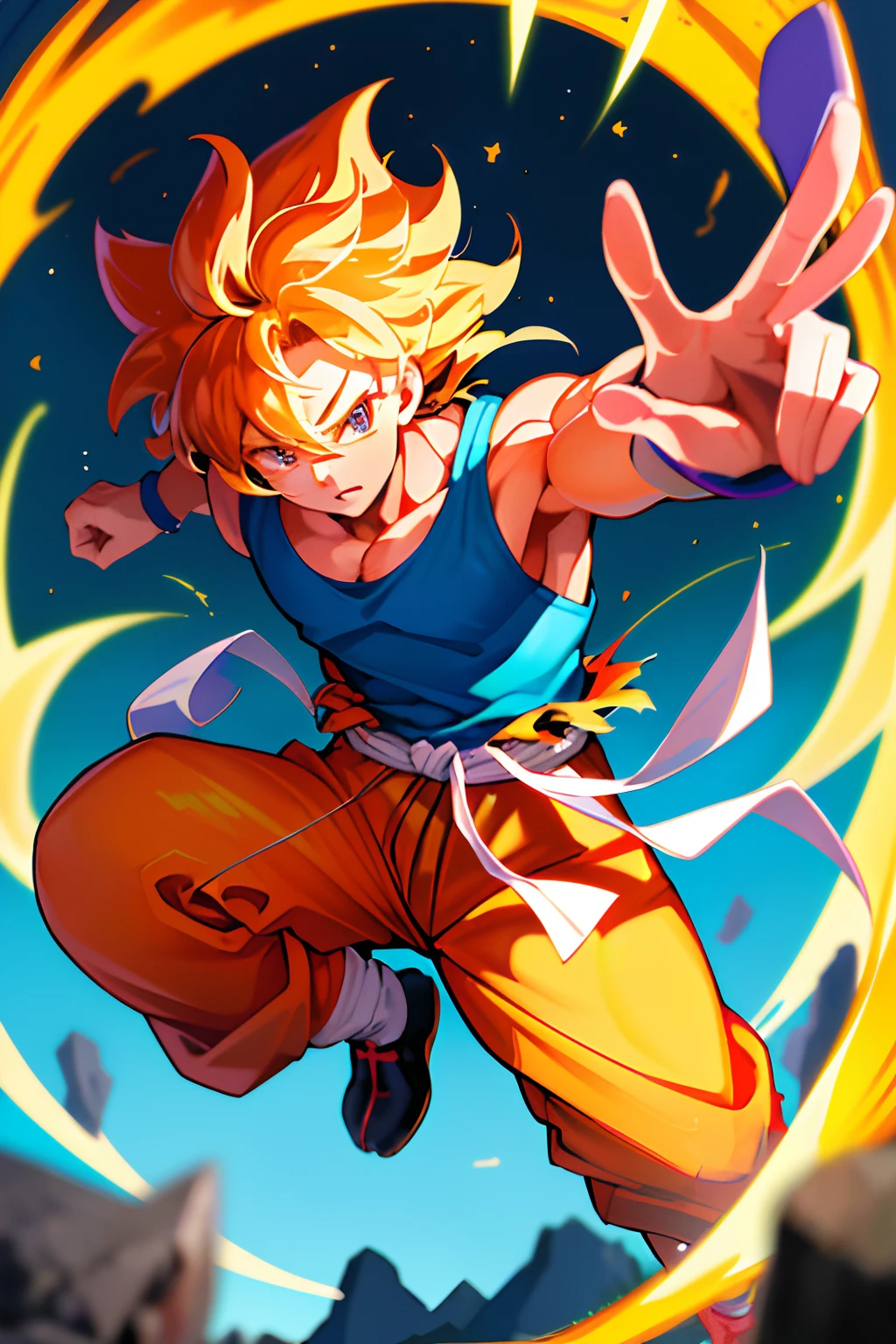 Sun Wukong、Blonde Beauty 1、((Orange Doshi、Blue Compression Wear、Orange pants、blue shoes、Blue band))、super saiyan、The face of the strong、Hanging eyes、Eight teeth are visible、teeth visible and clenched、Brown tail、​masterpiece, top-quality, The ultra -The high-definition, Top resolution, ighly detailed, profetional lighting、pretty skin、A slender, a very cute, Young face、 Her eyes shone like dreamy stars(radiant eyes:1.233)、[[Delicate fingers and hands:0.55]::0.85]、(detail finger)、(((in 8K, Raw photo, Best Quality))), Women's Focus, disheveled hair、Glossy hair、shinny skin、Curvaceous but slender、Professional Lighting、abundant detail、High Details、foco nítido、natural soft light、Hair is upside down、Energy bullets、Kamehameha、The World of Akira Toriyama、musculature、Soft light.、Traces of anime from the 90s、Torn clothes、Partially torn street clothes、shock waves、Comic style、beauty legs、Floating stones and boulders、Vast rocky land、Kenpo stance、karate、aikido、躰道、Shaolin Temple boxing method、Energy release、Transcendent Aura、