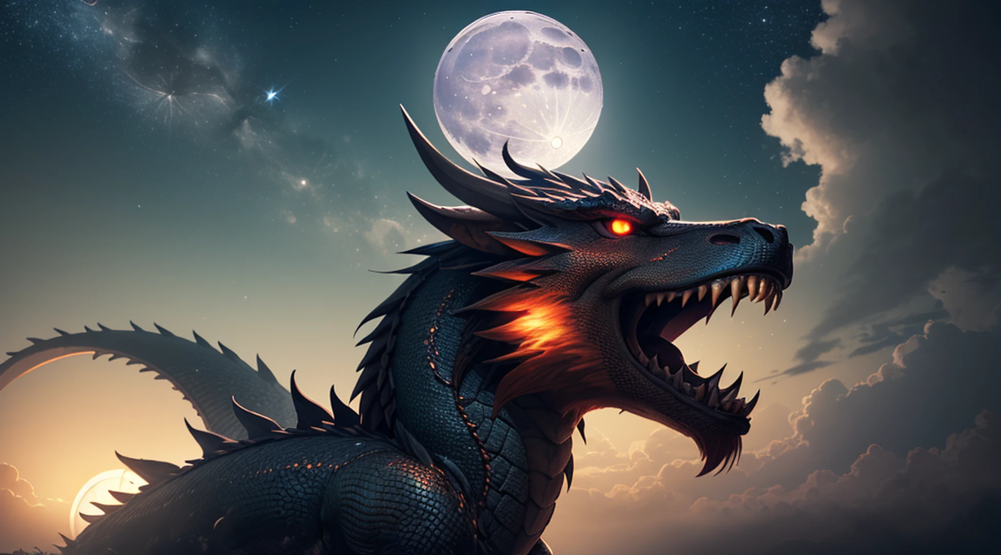 A dragon is flying, Chinese dragon, (length: 1.2), (fine: 1.2), long hair, sharp teeth, Red Eyes Spitfire, Dynamic angle, teeth, huge, (An oversized moonlight:1.5), (ultra-detailed:1.5), 128k, cinematic angle, floating, (detailed light), beautifully detailed sky, starry sky, (lighting particle), fog, snow, (painting), (sketch), Screen 16:9, lifelike texture, Hires upscale: 1.7, Hires upscaler: 4x_NMKD-Siax_200k, Denoising strength: 0.45, (extremely detailed CG unity 64k wallpaper:1.1), (illustration), cinematic lighting, (bloom), Luminism, (((masterpiece))), (((best quality)))