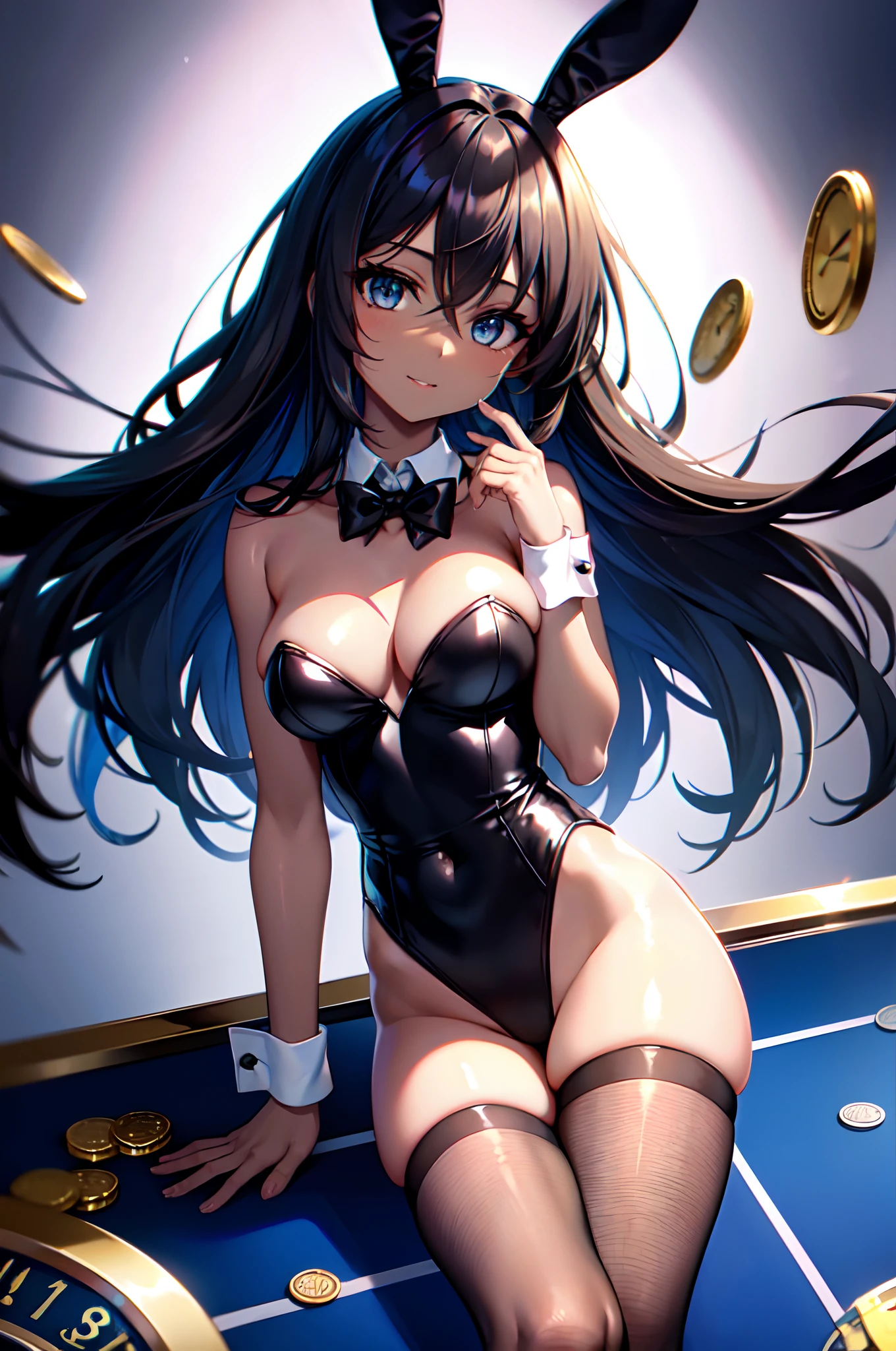 Transcendently Beautiful Girl, (masterpiece face, masterpiece eyes:1.1), BREAK, (black gal), (Dark skin:1.5), (long Blonde Hair), BREAK, Flat_Chest, Huge_breasts, wide_lower back, Open your mouth and laugh smile, long eyelashes, makeup, BREAK, Bunny Girl, Rabbit ear, Rabbit tail, Enamel Leotard, wrist_Cuffs, bowtie, Black_pantyhose, high_heels, BREAK, (Five Fingers, 4fingers and 1thumb), (Bare arms, Bare shoulders), (stroking own chin, head tilt, close up), Casino, Roulette table, Lots of coins, Masterpiece, best quality, captures a super cute moment, depth of field, ultra detailed, ultra high resolution, C4D, Octadale, 3D modeling, 8k, 16k,