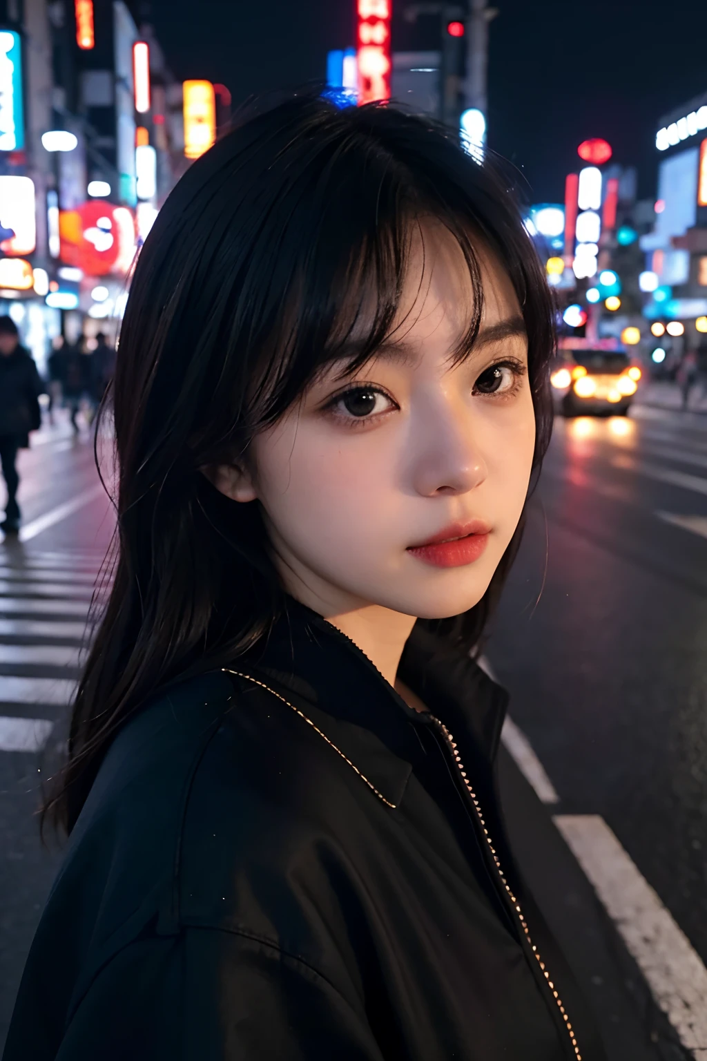 1girl, Tokyo street,night, cityscape,city lights, upper body,close-up, 8k, RAW photo, best quality, masterpiece,realistic, photo-realistic,
