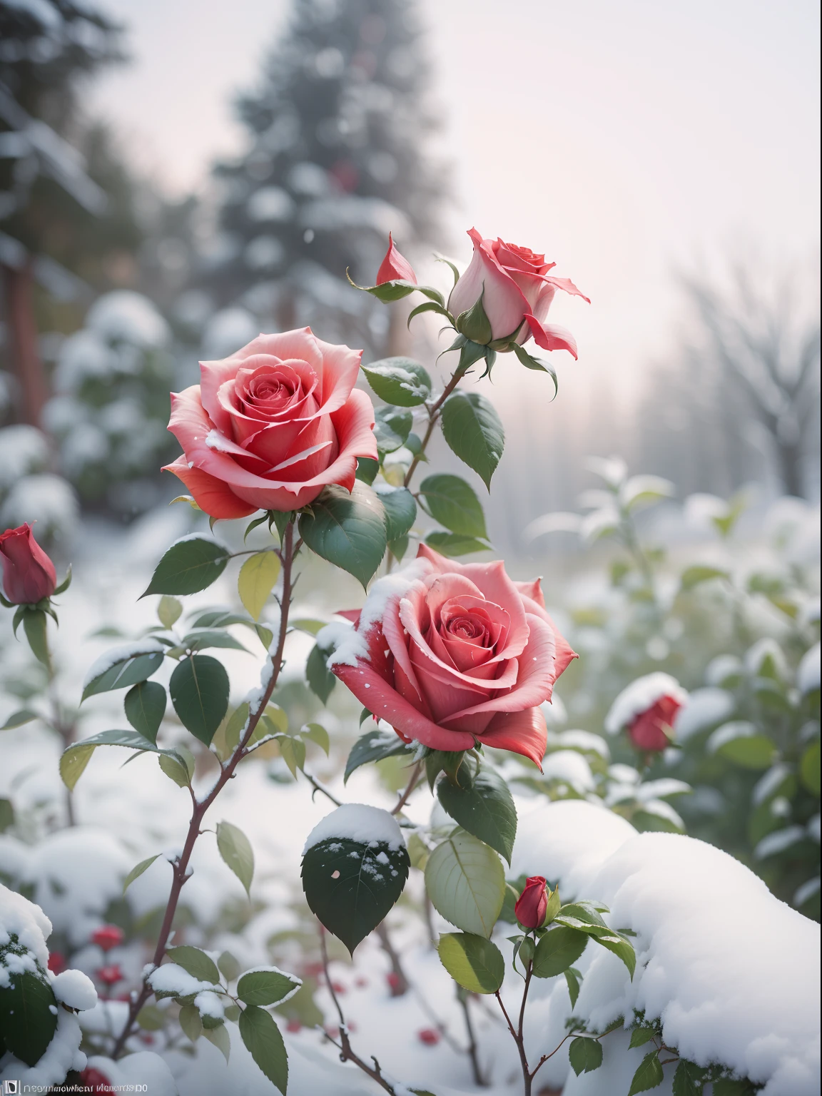 Red roses grow on the bushes, Leaves and petals are covered with dust and snow,Shot with Canon 35mm lens, photo of a rose, taken with a pentax k1000, Shot with Pentax 1000, Two 5-mm ports, Shot at Kodak Portra, Rose Twinings, Red Rose, 35mm shot