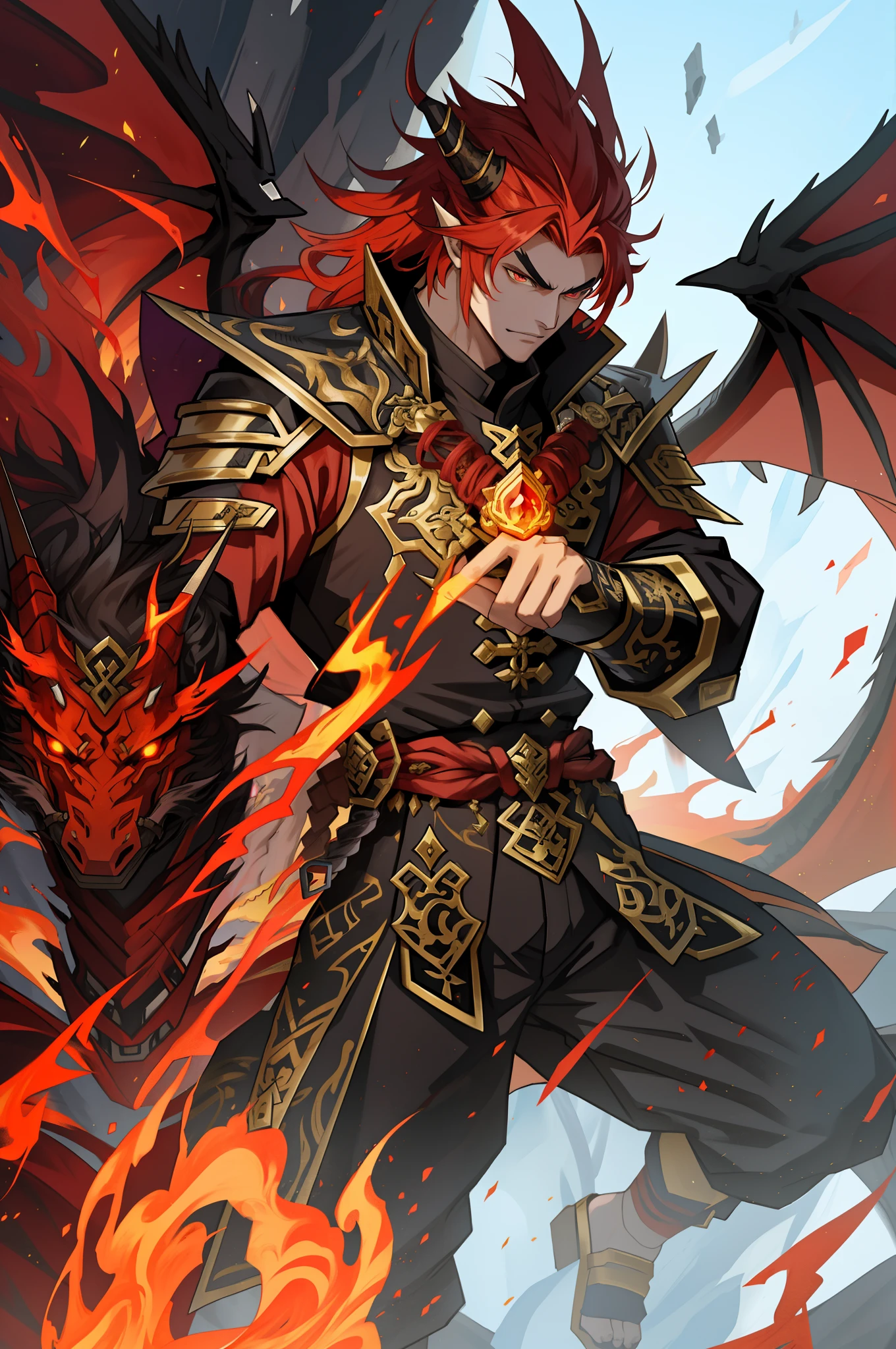 there is one man，Thick eyebrows，Has a dragon-like body and a sword, by Yang J, Dragon Knight, Keqing from Genshin Impact, human and dragon fusion, handsome guy in demon killer art, ornate with fiery explosions, 2. 5 D CGI anime fantasy artwork, firemage, Epic fantasy art style, fire demon, Epic fantasy digital art style, fire behind him