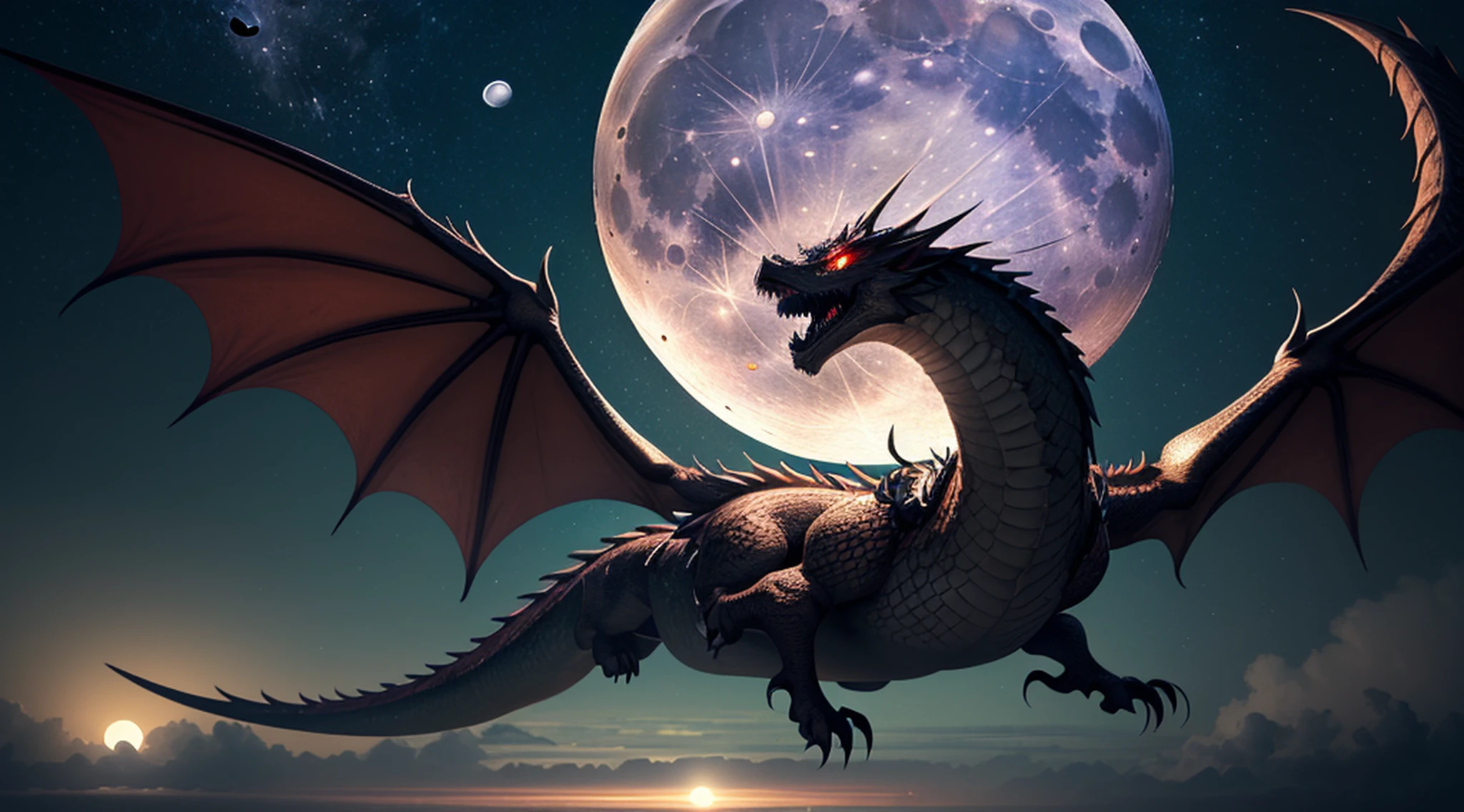 A dragon is flying, Chinese dragon, (length: 1.2), (fine: 1.2), long hair, sharp teeth, Red Eyes Spitfire, Dynamic angle, teeth, huge, (An oversized moonlight:1.5), (ultra-detailed:1.5), 128k, cinematic angle, floating, (detailed light), beautifully detailed sky, starry sky, (lighting particle), fog, snow, (painting), (sketch), Screen 16:9, lifelike texture, Hires upscale: 1.7, Hires upscaler: 4x_NMKD-Siax_200k, Denoising strength: 0.45, (extremely detailed CG unity 64k wallpaper:1.1), (illustration), cinematic lighting, (bloom), Luminism, (((masterpiece))), (((best quality)))