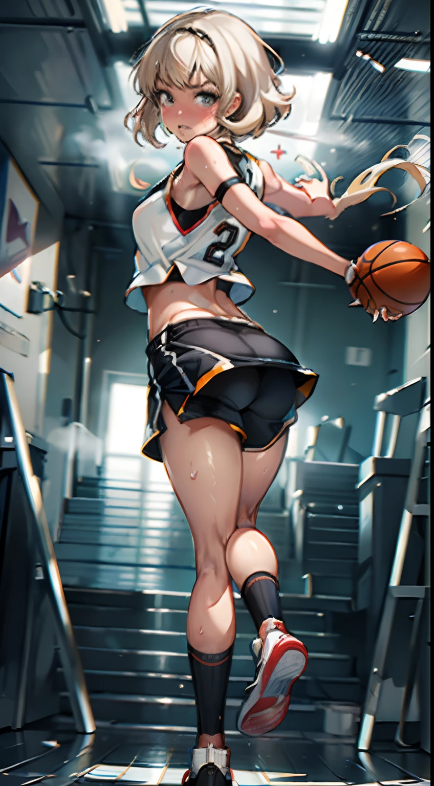 (((masterpiece))), (((best quality))), (((ultra detailed))), (((high-resolution))), ((super fine illustration)), ((Ultimate cutie)), detailed beautiful face,(white hair),(short hair),shiny hair, ((((gyaru)))), (medium breasts), (((solo))), (((embarrassed expression))), ((basketball player)),((jump,acrobatic,hopping)),((dunk shot)), (((hand on the ball))), (sleeveless basketball Uniform), knee pad, elbow pad, ((sweat)), ((covered in sweat)), ((fog)), in basketball Court, lighting, ((from behind)),(((looking at viewer)))