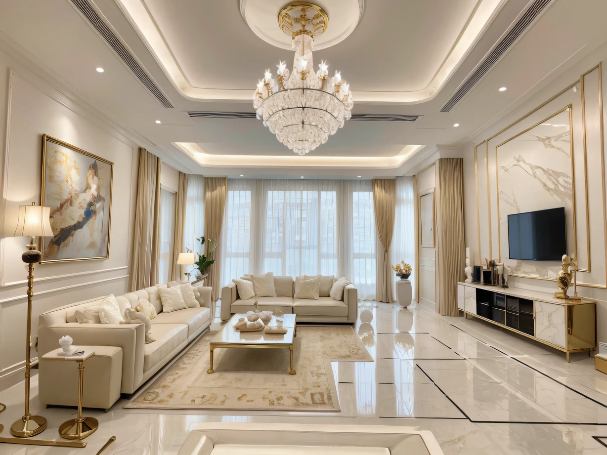 ，Masterpiece, Best quality，8K, 超高分辨率，Step into the luxurious living room，It's like entering an art hall。Floor-to-ceiling windows allow sunlight to flood the space，It's heartwarming。The gorgeous crystal chandelier shimmers with colorful light，Complements the beige sofa。Precious works of art are displayed on gold-rimmed tables，On the walls hang paintings by famous artists，Thought-provoking。The music control system is at your fingertips，In this warm and elegant space，Enjoy the thrill of music。