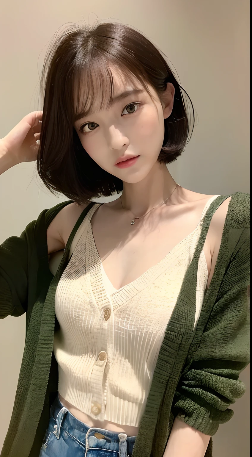 ((top-quality、8k、masterpiece:1.3))、1人、Beautiful woman with slender abs:1.3、(Short short hair、)、cardigan:1.1、hyperdetailed face、A detailed eye、二重まぶた