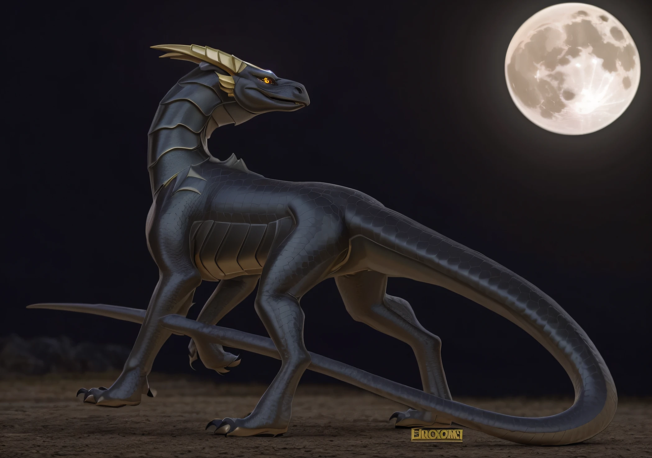 Close-up of a dragon with a long tail, full body dragon concept, anthropomorphic dragon, european four-legged dragon,drak，Anthropomorphic dragons，Portrait of a dragon，scutes，detailed scale，No wings，nigth，themoon，White Moon，sunny clear sky，Sharp claws，Wear clothing all over，latex suit，SFW version，detailed full body，full body detailed，highly detailed whole body，silver eyes full body，whole body picture，full body shooting hyper detail，Latex clothing，Hairy head，Gold eyes，Black body
