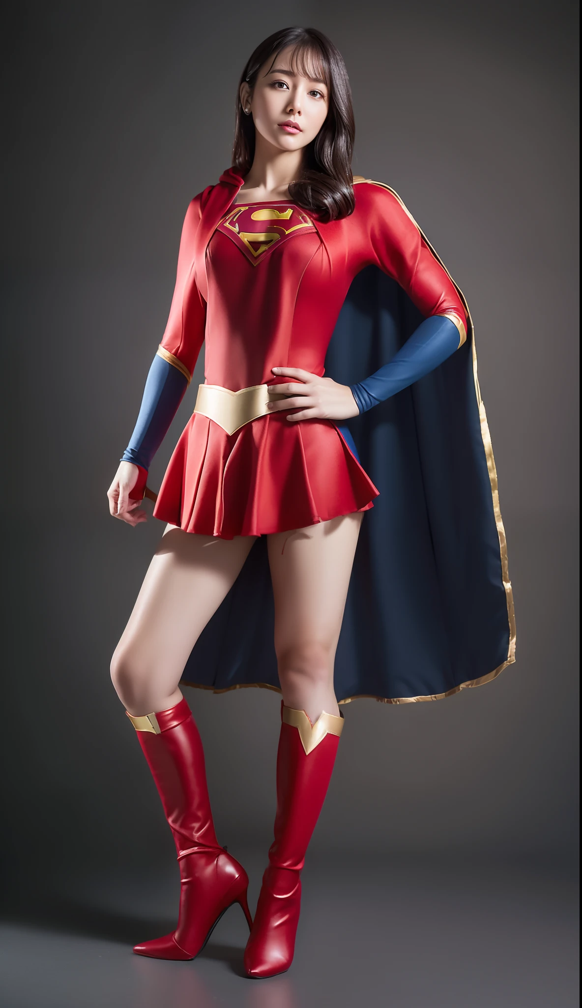 (((Make the most of the original image)))、(((Supergirl Costume)))、(((lustrous dark hair)))、(((Suffering)))、(((It's a red cloak)))、((Stockings are torn))、((Top image quality、8K))、((top-quality、8K、​masterpiece:1.3))、Crisp focus:1.2、Beautiful woman with perfect body shape:1.4、Slender Abs:1.2、((layers-Cut、large boob:1.2))、a wet body:1.5、Highly detailed facial and skin texture、