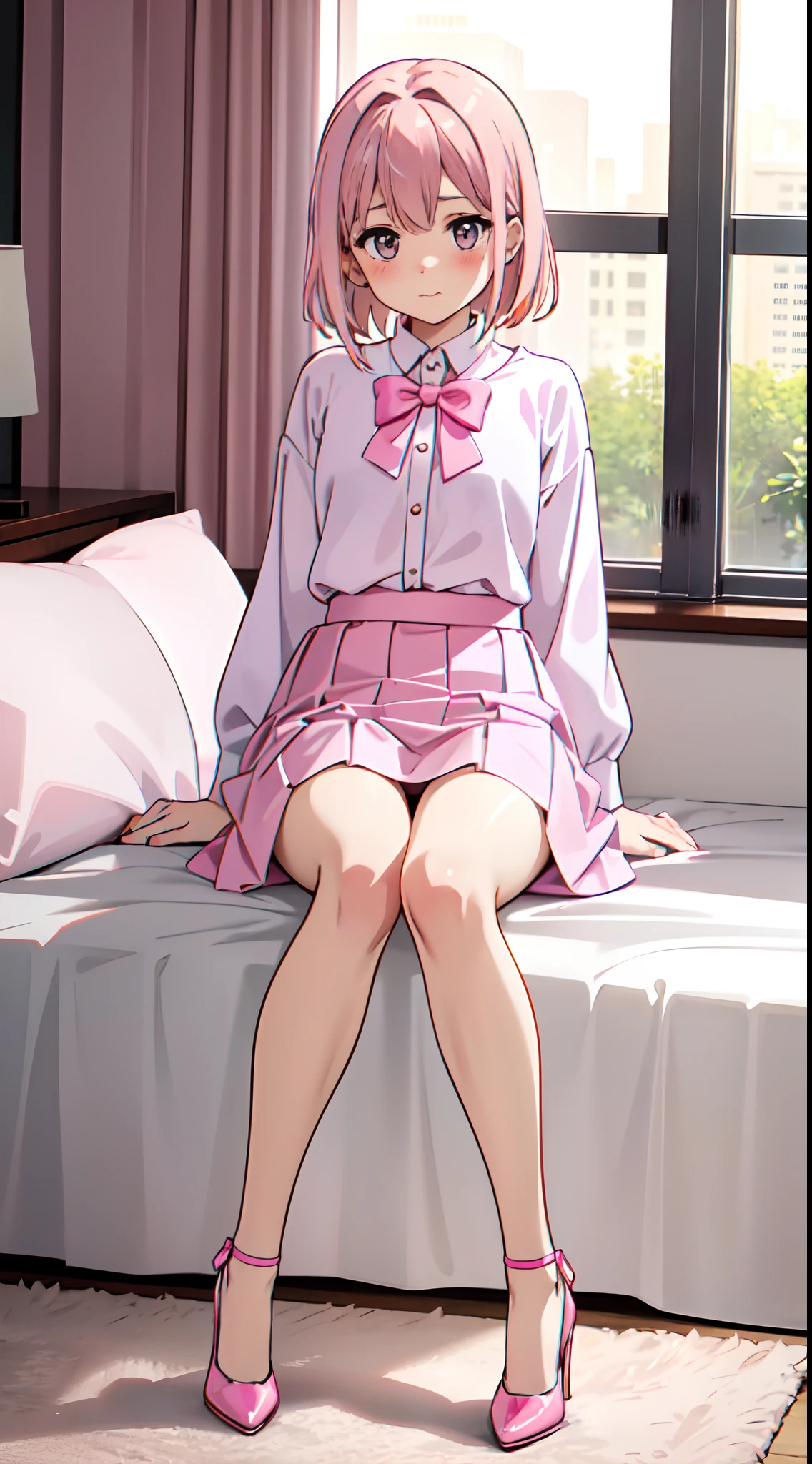 (((Cute girl with pink hair))),inside in room,white stockings,high-heels,pink long skirt,The reveal panties,white panties,Lift the hem of the skirt,legs crossed,sit on a bed,Blushing and shy