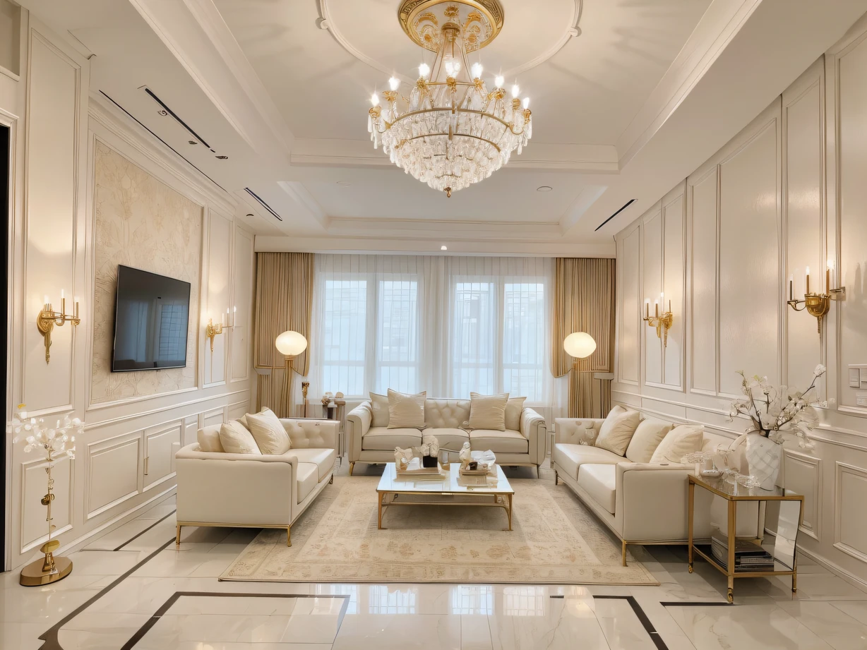 ，Masterpiece, Best quality，8K, 超高分辨率，Step into the luxurious living room，It's like entering an art hall。Floor-to-ceiling windows allow sunlight to flood the space，It's heartwarming。The gorgeous crystal chandelier shimmers with colorful light，Complements the beige sofa。Precious works of art are displayed on gold-rimmed tables，On the walls hang paintings by famous artists，Thought-provoking。The music control system is at your fingertips，In this warm and elegant space，Enjoy the thrill of music。