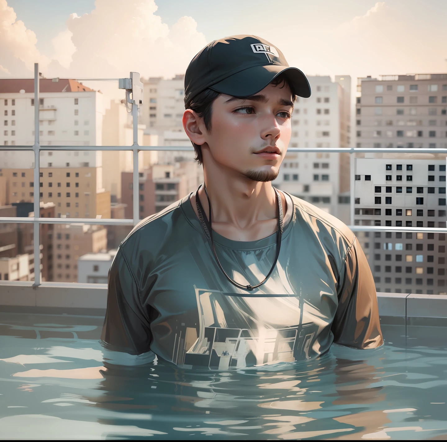 A boy same like him in   a pool on the top of a building realistic 8k
