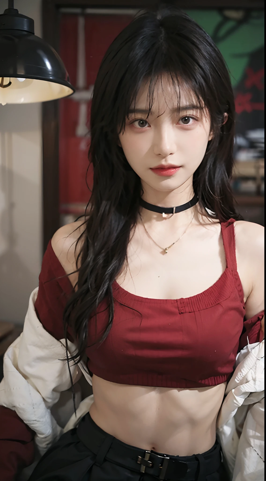 best qualtiy， 超高分辨率， （realisticlying：1.4），Baoyu Girl，lipsticks，1girll, ,Cropped red sweater，a sense of atmosphere，Beautiful woman with a slim figure:1.4, Abs:1.1,   浴室,Ultra-fine face，Leather clothes，Elaborate Eyes，二重まぶた，choker necklace