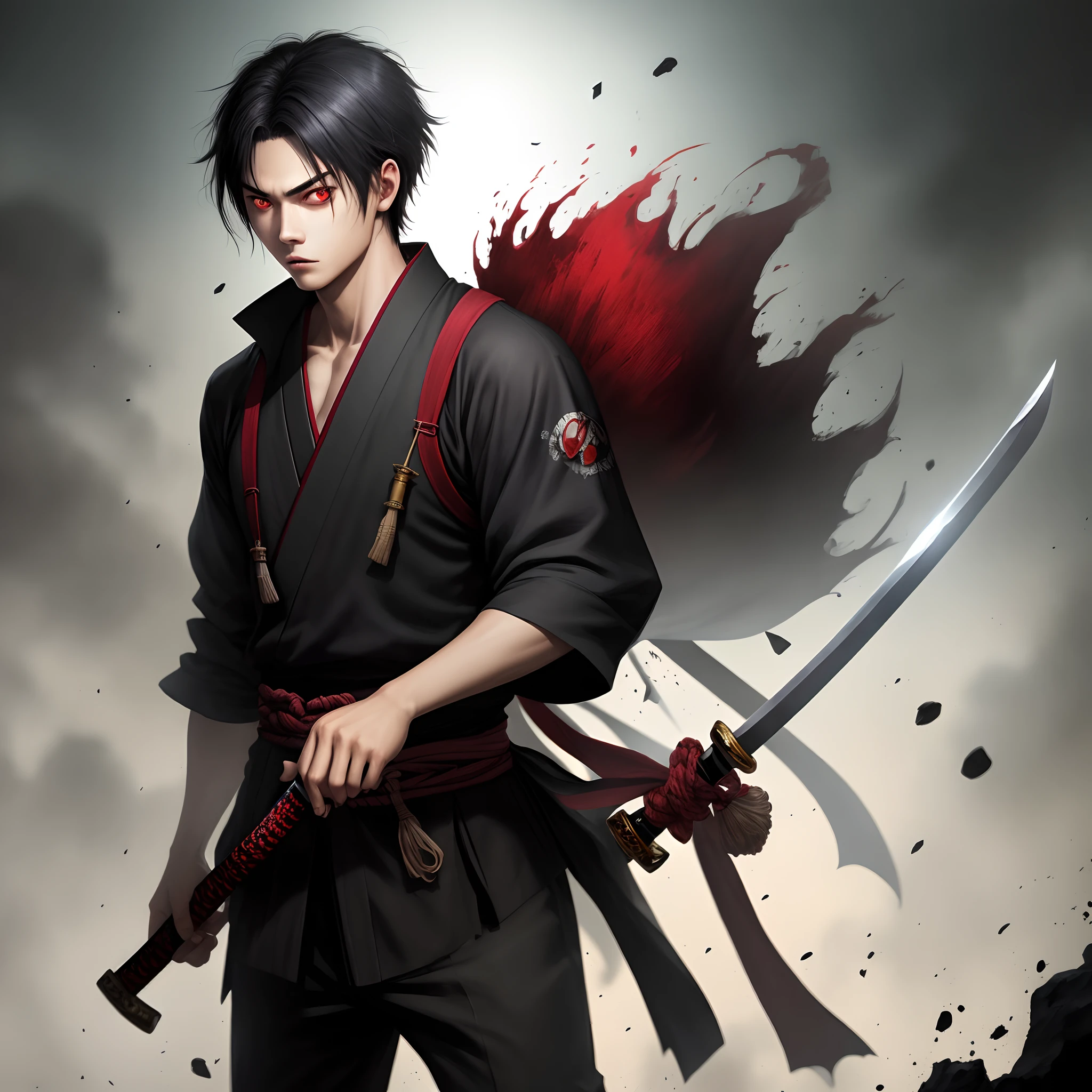 Black-haired, red-eyed young man,Japanese Katana Sword,Kill zombies