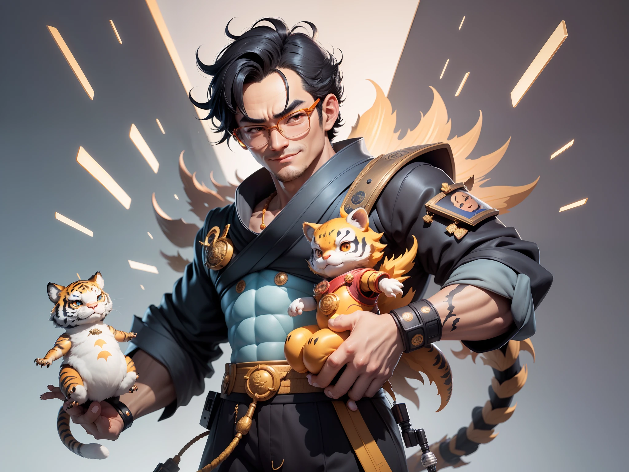 (Masterpiece), (Excellent), (Super Meticulous), (Full Body: 1.2), Super Young Man with Japanese Female Geisha, Pretty, Beautiful, Chinese Dragon, Tiger, Wind God Thor, Sexy, Bursting, Oriental Face, TV Anchor, Bust Portrait Illustration, Black Suit, Blue Tie, Slightly Chubby Face, Silver Glasses, Very Clean Face, No Beard on Chin, Black Super Short Hair, Black Eyes, Confident Smile, 3c Computer Sub-Products, iPad, iPhone, Digital Painting, 3D character design by Mark Clairedon and Pixar and Hayao Miyazaki and Akira Toriyama, the illustrations are HD illustrations in 4K resolution with highly detailed facial features and cartoon-style visuals.