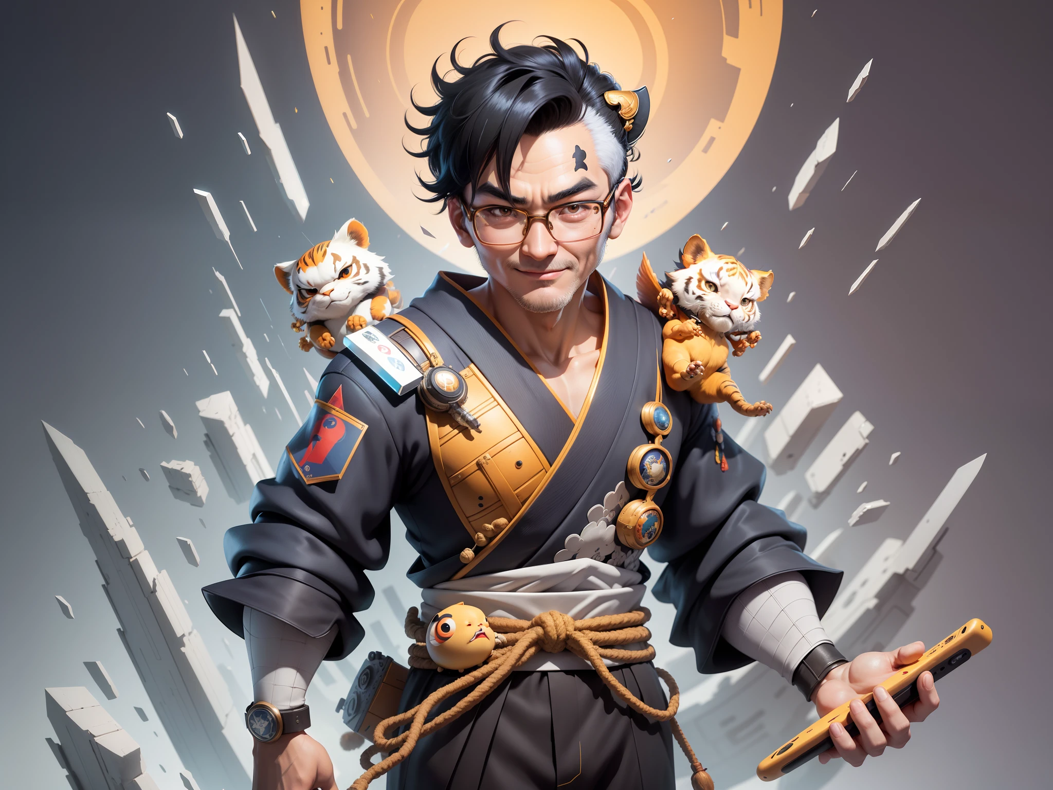 (Masterpiece), (Excellent), (Super Meticulous), (Full Body: 1.2), Super Young Man with Japanese Female Geisha, Pretty, Beautiful, Chinese Dragon, Tiger, Wind God Thor, Sexy, Bursting, Oriental Face, TV Anchor, Bust Portrait Illustration, Black Suit, Blue Tie, Slightly Chubby Face, Silver Glasses, Very Clean Face, No Beard on Chin, Black Super Short Hair, Black Eyes, Confident Smile, 3c Computer Sub-Products, iPad, iPhone, Digital Painting, 3D character design by Mark Clairedon and Pixar and Hayao Miyazaki and Akira Toriyama, the illustrations are HD illustrations in 4K resolution with highly detailed facial features and cartoon-style visuals.