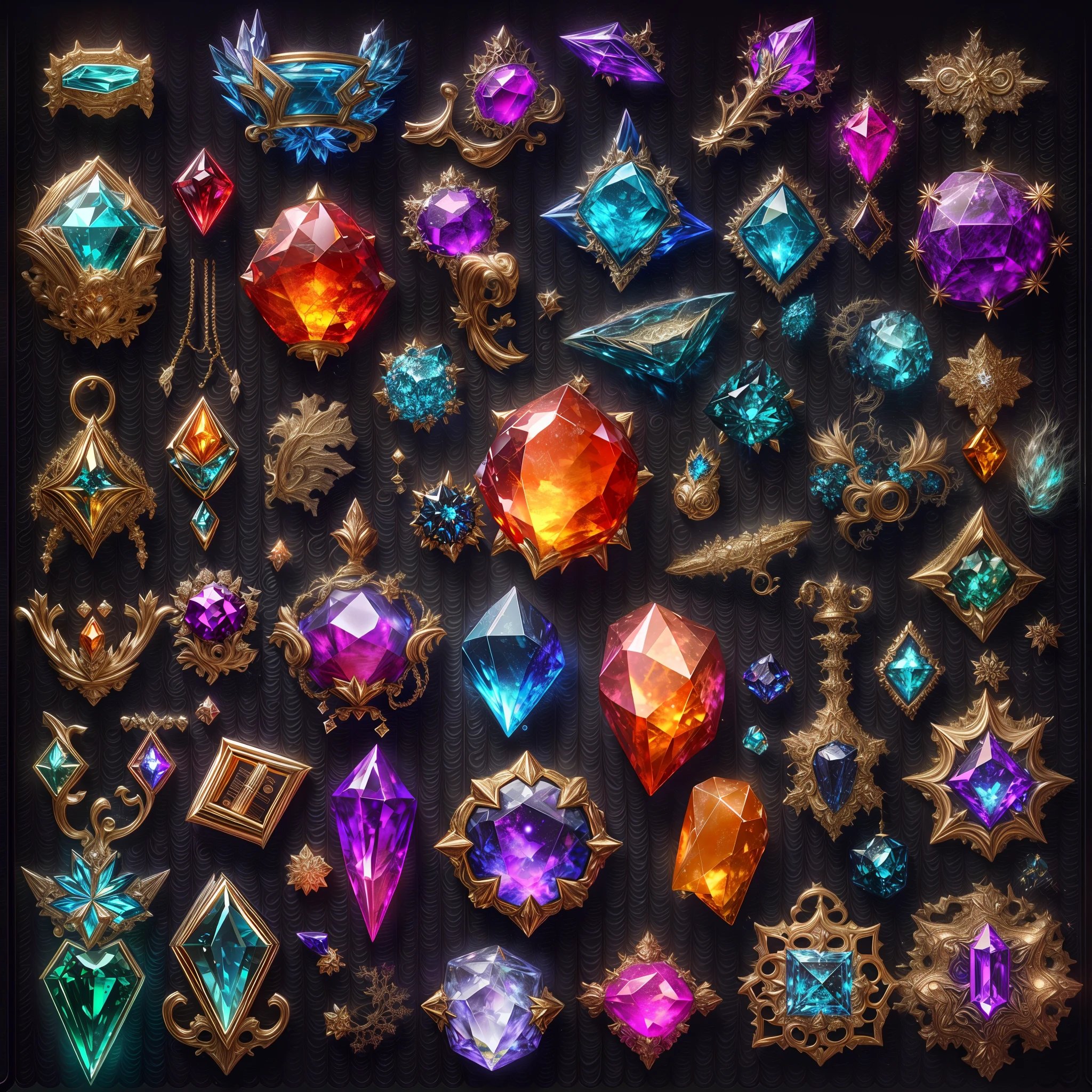 (Terraria style: 1.2), (Full Focus: 2), (Everything in Display Cabinet: 1.3), (Magic Items | Colorful Gems | Cherry Blossoms | Printed Silk Products | Medals | Ores | Obsidian | Pearl | Emerald | White Jade | Amethyst | Sapphire | Gold Products | Silver Products | Purple Gold | Magical Jewelry | Antiques | Ruby | Orange Gem | Blue Gem | Topaz |: 2), Magic Symbols, Magic Particle Effects, High Tech Luxury, High Value Jewelry, High Value Metal, Luxury items, no puzzles, detailed and complex backgrounds, sparkling, reflective light, ultra high definition, award-winning, a high-resolution, high detail texture, contrast between light and dark, cinematic lighting, masterpieces, ray tracing, structurally correct, super details, high-quality, high detail, best quality, 16k