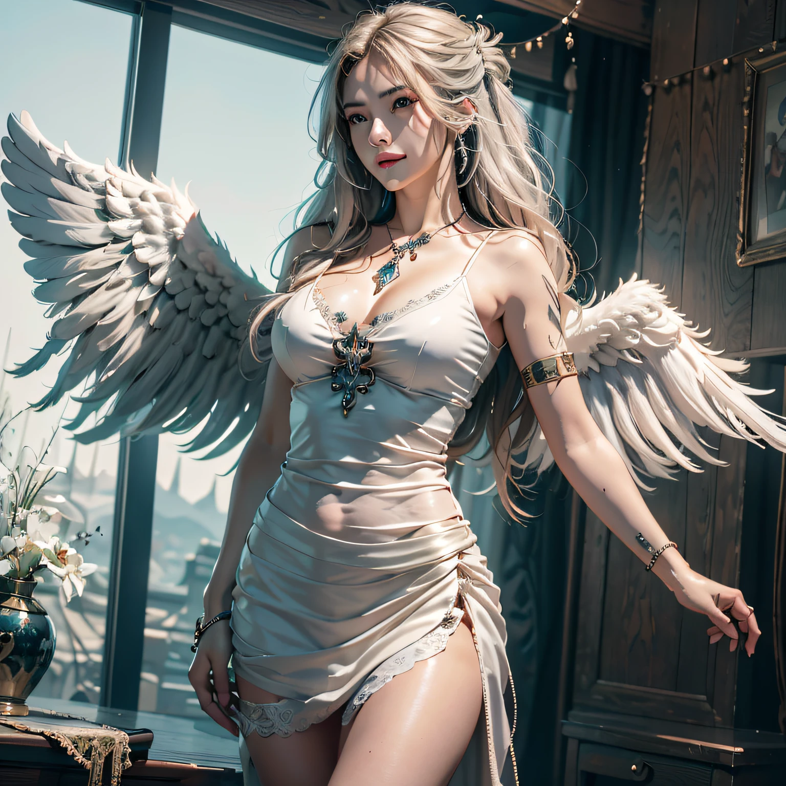 1girl in, 独奏, offcial art, unity 8k wall paper, ultra - detailed, prettify、Aesthetic, tmasterpiece, top-quality, Photorealsitic, A female angel、It has 6 large white wings on its back:2.0、Wings of a bird of prey、Blazing Angel、Silver armor:2.0、Silver gauntlet、Silver Solette、White fabric、Hair ornaments with small wings、Valkyrie、Very large wide sword、Glowing angel circle、angelic halo:2.0、Light magic、depth of fields, Fantastic atmosphere, calm color palette,  Soft Shading、You can see the forest in the distance、See remote mountain castles、ellegance、Full body like、busty figure、Large full breasts、wide waist、Floating in the air:2.0、Flying in the sky:2.0、Fry high in the air、Sky on the steppe、You can see the castle on the hill in the distance