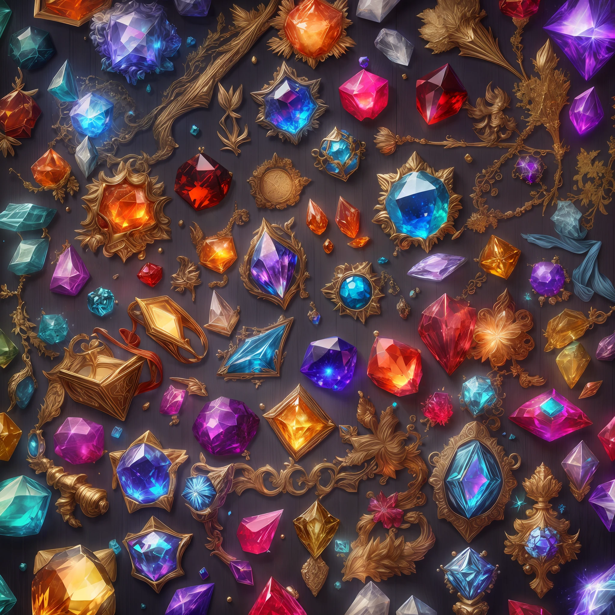 (Terraria style: 1.2), (Full Focus: 2), (Everything in Display Cabinet: 1.3), (Magic Items | Colorful Gems | Cherry Blossoms | Printed Silk Products | Medals | Ores | Obsidian | Pearl | Emerald | White Jade | Amethyst | Sapphire | Gold Products | Silver Products | Purple Gold | Magical Jewelry | Antiques | Ruby | Orange Gem | Blue Gem | Topaz |: 2), Magic Symbols, Magic Particle Effects, High Tech Luxury, High Value Jewelry, High Value Metal, Luxury items, no puzzles, detailed and complex backgrounds, sparkling, reflective light, ultra high definition, award-winning, a high-resolution, high detail texture, contrast between light and dark, cinematic lighting, masterpieces, ray tracing, structurally correct, super details, high-quality, high detail, best quality, 16k