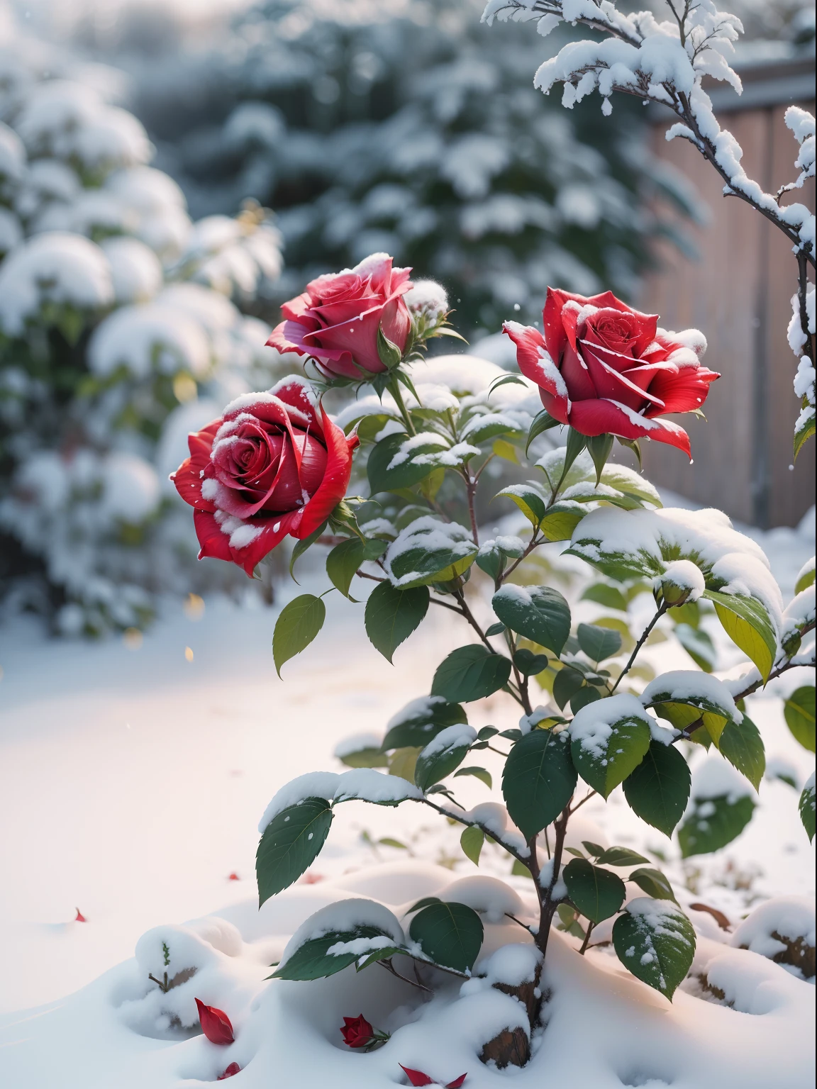 Red roses grow on the bushes, Leaves and petals are covered with dust and snow,Shot with Canon 35mm lens, photo of a rose, taken with a pentax k1000, Shot with Pentax 1000, Two 5-mm ports, Shot at Kodak Portra, Rose Twinings, Red Rose, 35mm shot