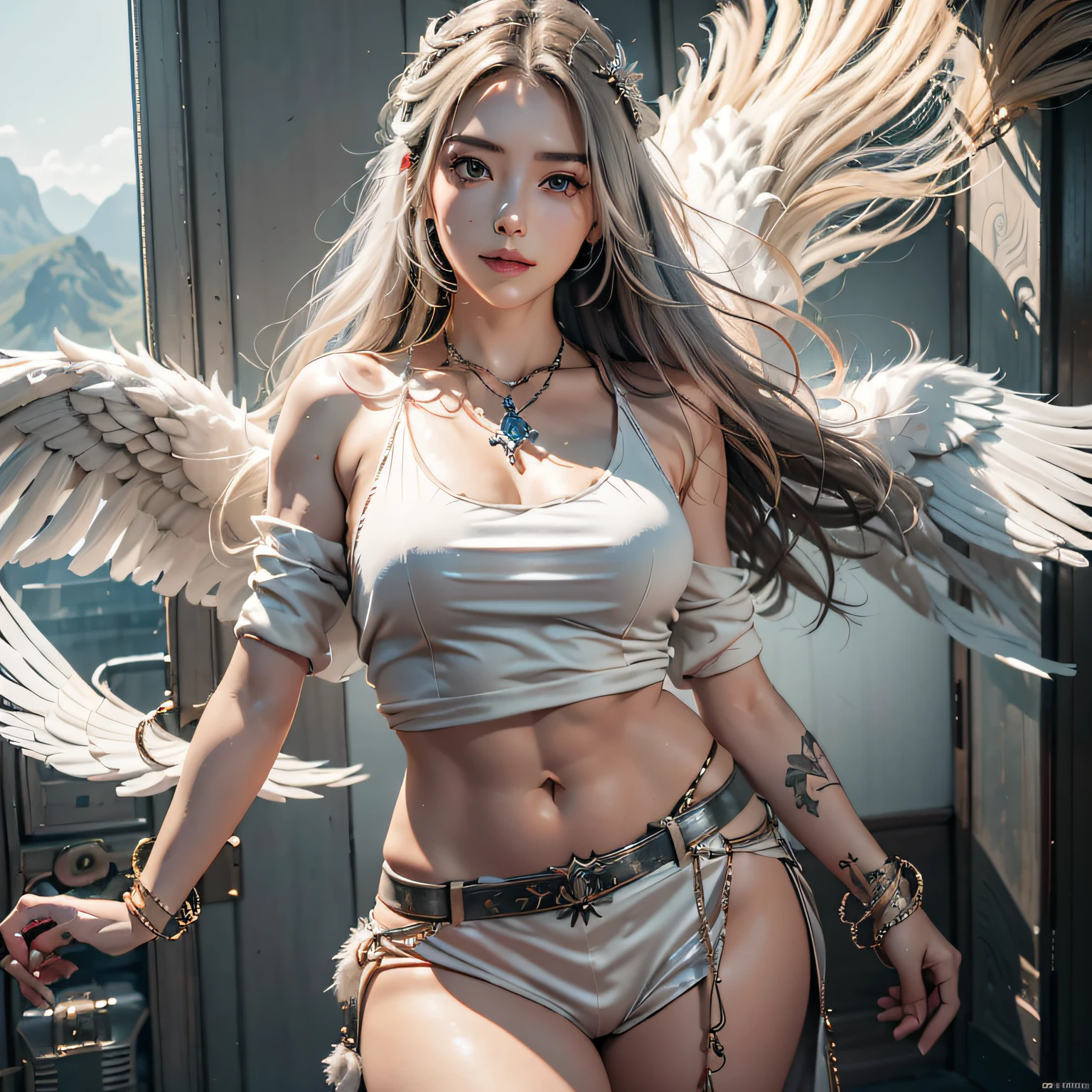 1girl in, 独奏, offcial art, unity 8k wall paper, ultra - detailed, prettify、Aesthetic, tmasterpiece, top-quality, Photorealsitic, A female angel、It has 6 large white wings on its back:2.0、Wings of a bird of prey、Blazing Angel、Silver armor:2.0、Silver gauntlet、Silver Solette、White fabric、Hair ornaments with small wings、Valkyrie、Very large wide sword、Glowing angel circle、angelic halo:2.0、Light magic、depth of fields, Fantastic atmosphere, calm color palette,  Soft Shading、You can see the forest in the distance、See remote mountain castles、ellegance、Full body like、busty figure、Large full breasts、wide waist、Floating in the air:2.0、Flying in the sky:2.0、Fry high in the air、Sky on the steppe、You can see the castle on the hill in the distance