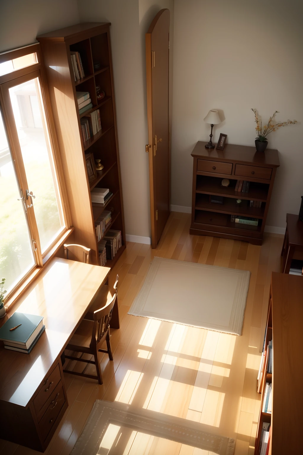 A bright room,Spacious windows,natural lightting,Neat mirror,Wooden floors,Bookcases are neatly arranged,nightstand,Patterned round carpet center。
