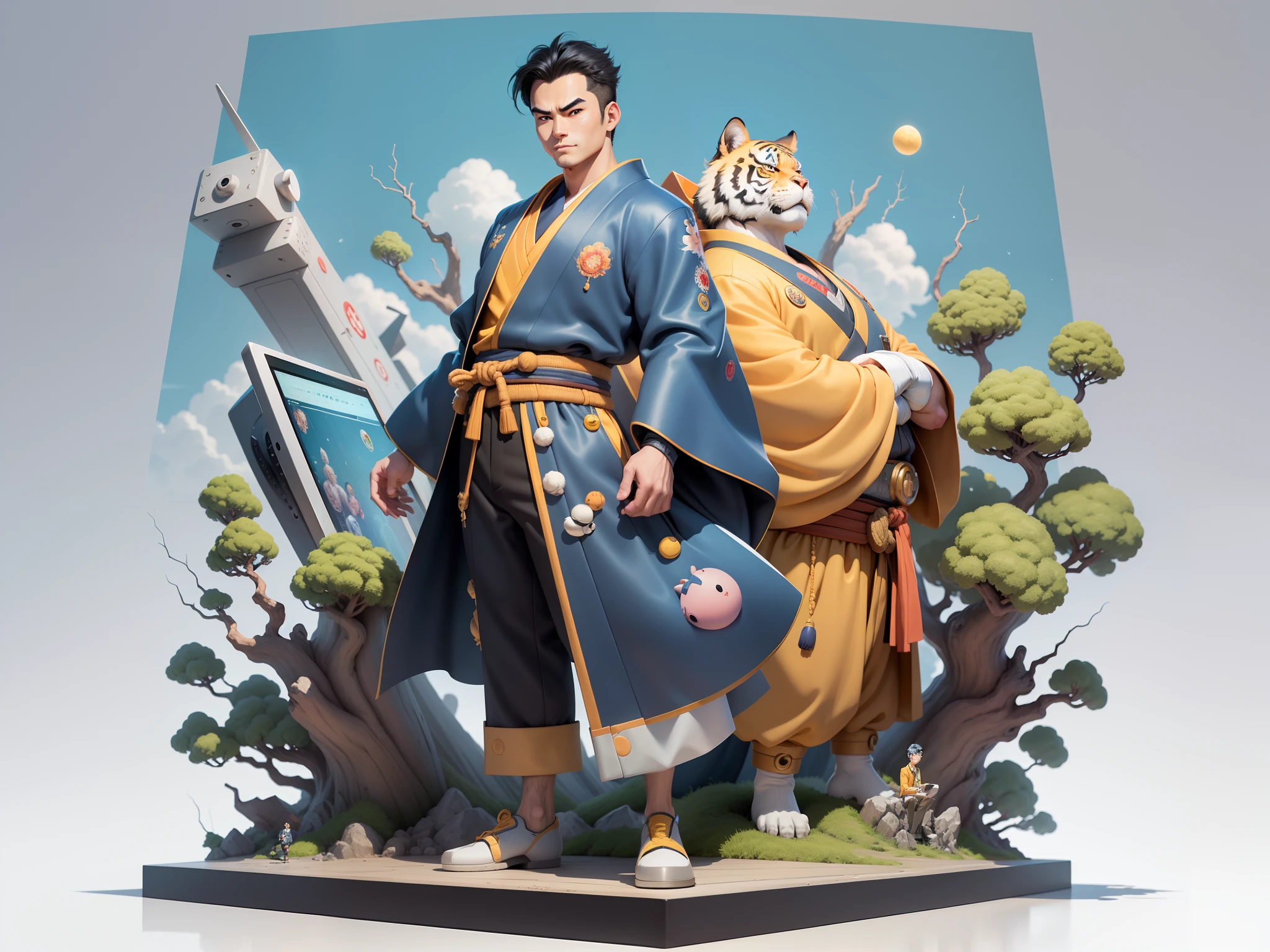(Masterpiece), (Excellent), (Super Meticulous), (Full Body: 1.2), Super Young Man, Oriental Face, Japanese Kimono, Japanese Wind Thunder God, Dragon, Tiger, TV Anchor, Bust Portrait Illustration, Alone, Black Suit, Blue Tie, Slightly Chubby Face, Very Clean Face, No Beard, Black Super Short Hair, Black Eyes, Confident Smile, 3c Computer Sub-Products, iPad, iPhone, Digital Painting, 3D Character Design by Akira Toriyama and Mark Claireden and Pixar and Hayao Miyazaki, The illustration is a high-definition illustration in 4K resolution with very detailed facial features and cartoon-style visuals.