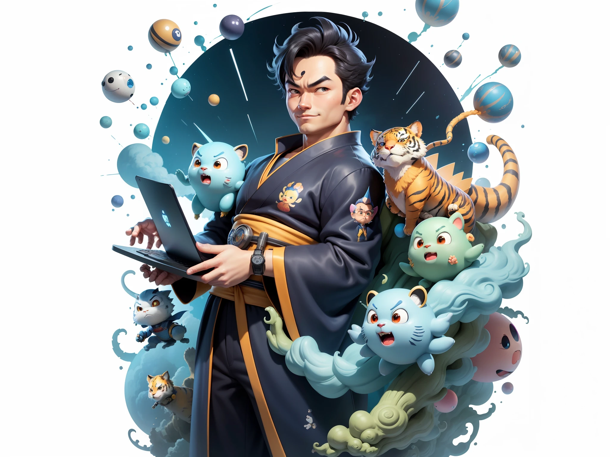 (Masterpiece), (Excellent), (Super Meticulous), (Full Body: 1.2), Super Young Man, Oriental Face, Japanese Kimono, Japanese Wind Thunder God, Dragon, Tiger, TV Anchor, Bust Portrait Illustration, Alone, Black Suit, Blue Tie, Slightly Chubby Face, Very Clean Face, No Beard, Black Super Short Hair, Black Eyes, Confident Smile, 3c Computer Sub-Products, iPad, iPhone, Digital Painting, 3D Character Design by Akira Toriyama and Mark Claireden and Pixar and Hayao Miyazaki, The illustration is a high-definition illustration in 4K resolution with very detailed facial features and cartoon-style visuals.