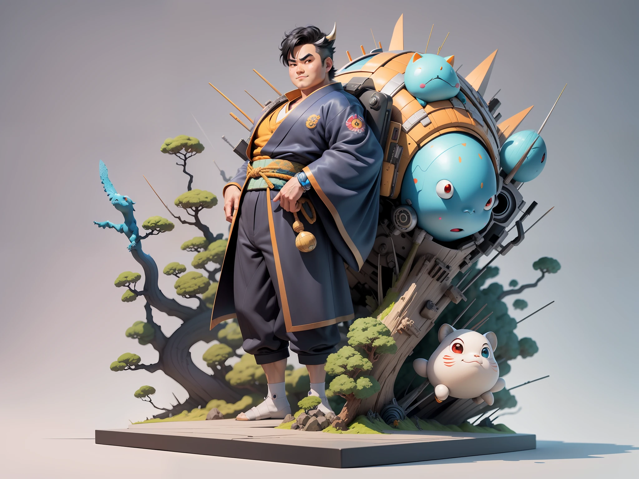 (Masterpiece), (Excellent), (Super Meticulous), (Full Body: 1.2), Super Young Man, Oriental Face, Japanese Kimono, Japanese Wind Thunder God, Dragon, Tiger, TV Anchor, Bust Portrait Illustration, Alone, Black Suit, Blue Tie, Slightly Chubby Face, Very Clean Face, No Beard, Black Super Short Hair, Black Eyes, Confident Smile, 3c Computer Sub-Products, iPad, iPhone, Digital Painting, 3D Character Design by Akira Toriyama and Mark Claireden and Pixar and Hayao Miyazaki, The illustration is a high-definition illustration in 4K resolution with very detailed facial features and cartoon-style visuals.