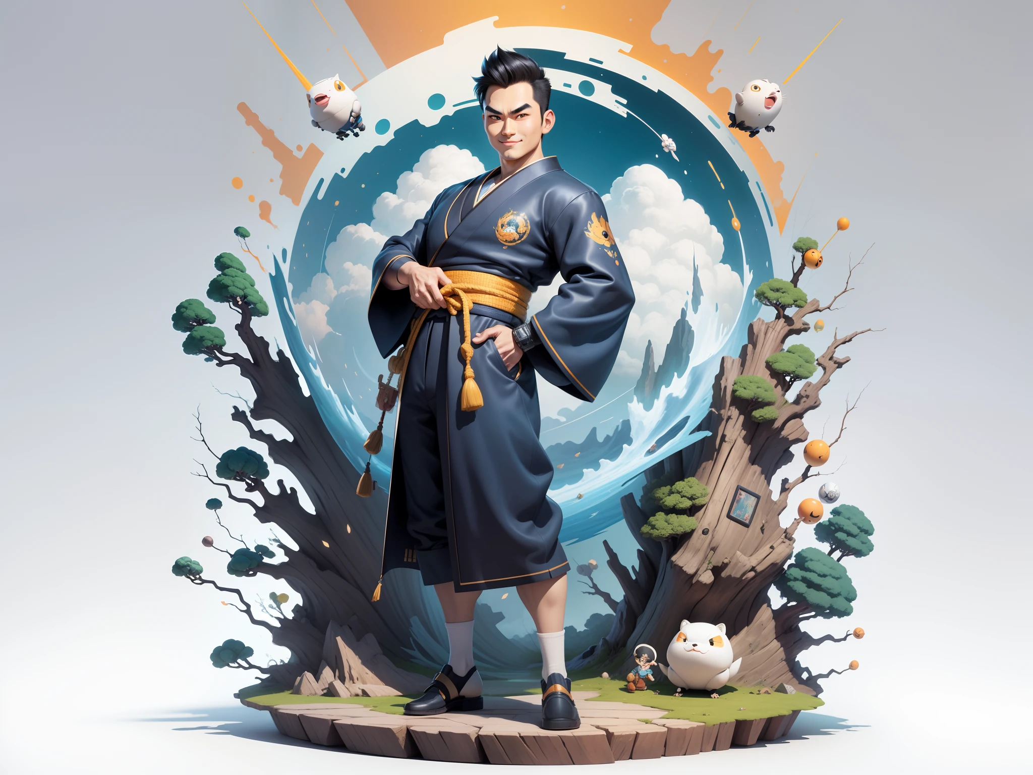 (Masterpiece), (Excellent), (Super Meticulous), (Full Body: 1.2), Super Young Man, Oriental Face, Japanese Kimono, Japanese Wind Thunder God, Dragon, Tiger, TV Anchor, Bust Portrait Illustration, Alone, Black Suit, Blue Tie, Slightly Chubby Face, Very Clean Face, No Beard, Black Super Short Hair, Black Eyes, Confident Smile, 3c Computer Sub-Products, iPad, iPhone, Digital Painting, 3D Character Design by Akira Toriyama and Mark Claireden and Pixar and Hayao Miyazaki, The illustration is a high-definition illustration in 4K resolution with very detailed facial features and cartoon-style visuals.