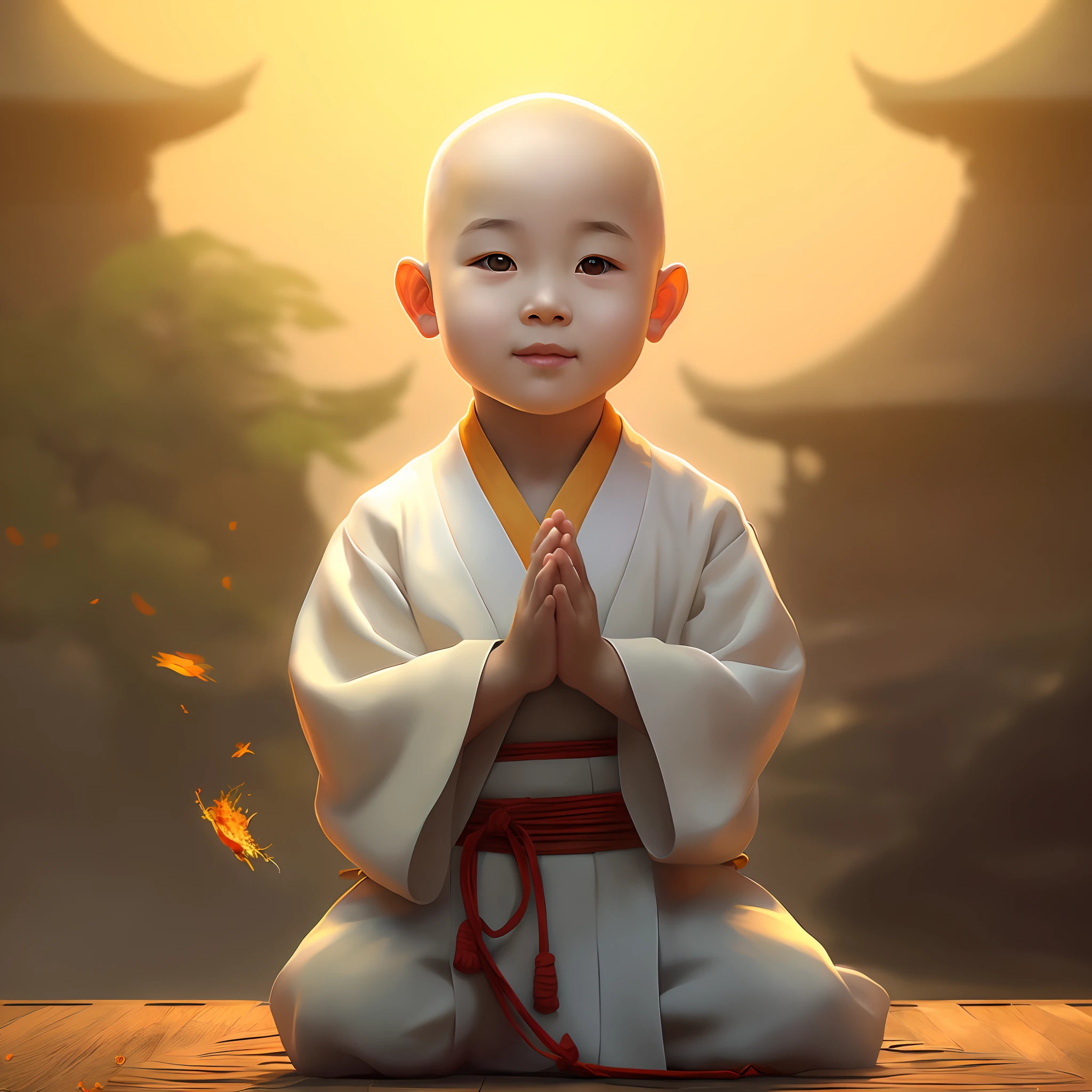 there is a cartoon image of a boy in a monk outfit, Cute digital painting, childrens art in artstation, Beautiful digital artwork, monk meditation, Guviz-style artwork, adorable digital art, yanjun cheng, author：Yu Zheding, monk clothes, author：Qu Leilei, Ross Tran 8 K, wojtek fus, prayer meditation, Buddhist