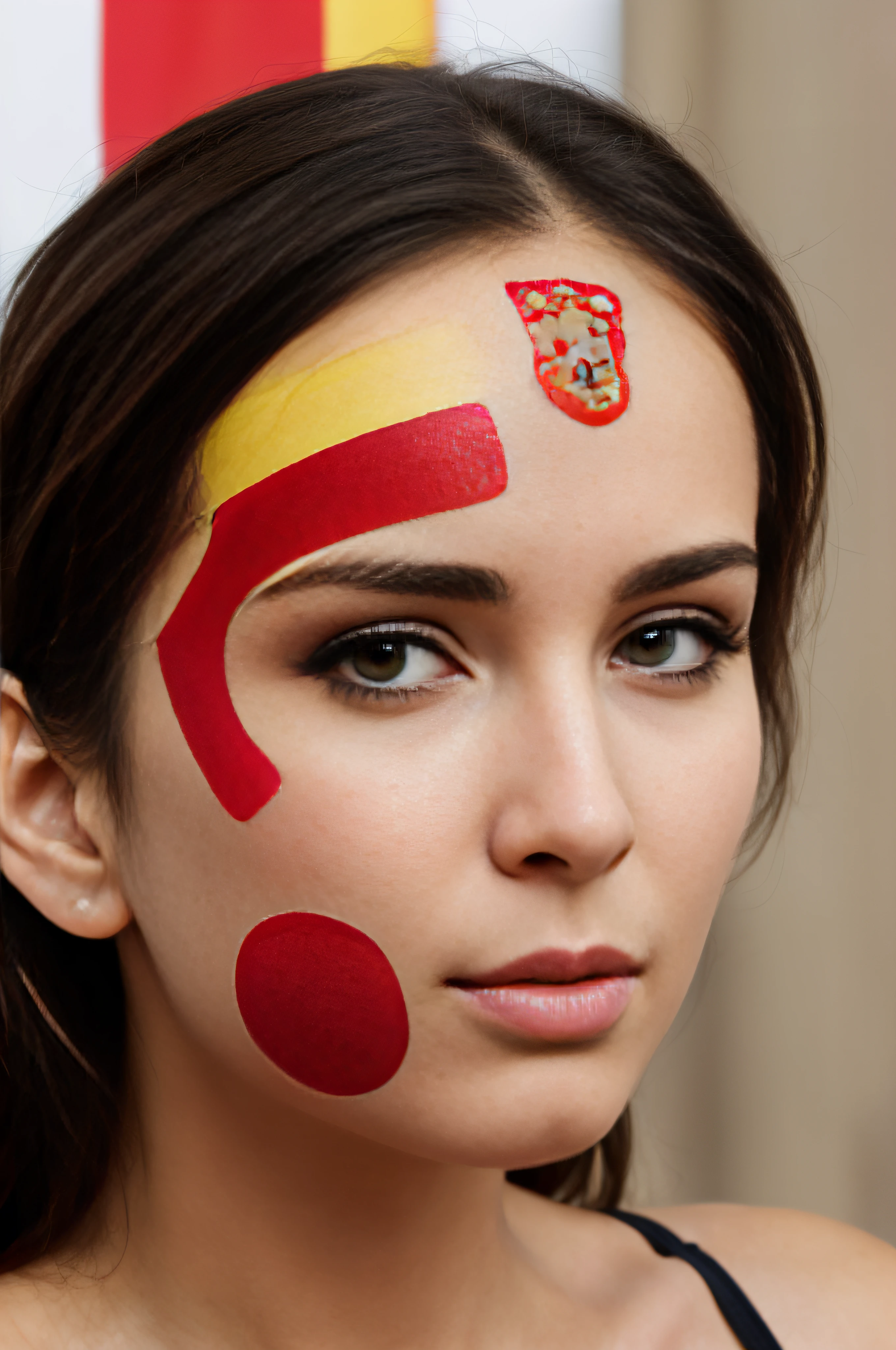 Spanish girl's face, (the Spanish flag tattooed on one cheek).