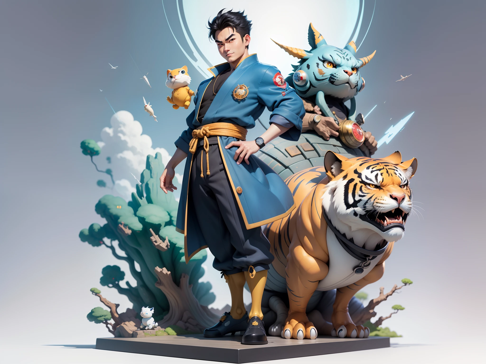 (Masterpiece), (Excellent), (Super Meticulous), (Full Body: 1.2), Super Young Man, Oriental Face, Japanese Kimono, Japanese Wind Thunder God, Dragon, Tiger, TV Anchor, Bust Portrait Illustration, Alone, Black Suit, Blue Tie, Slightly Chubby Face, Very Clean Face, No Beard, Black Super Short Hair, Black Eyes, Confident Smile, 3c Computer Sub-Products, iPad, iPhone, Digital Painting, 3D Character Design by Akira Toriyama and Mark Claireden and Pixar and Hayao Miyazaki, The illustration is a high-definition illustration in 4K resolution with very detailed facial features and cartoon-style visuals.