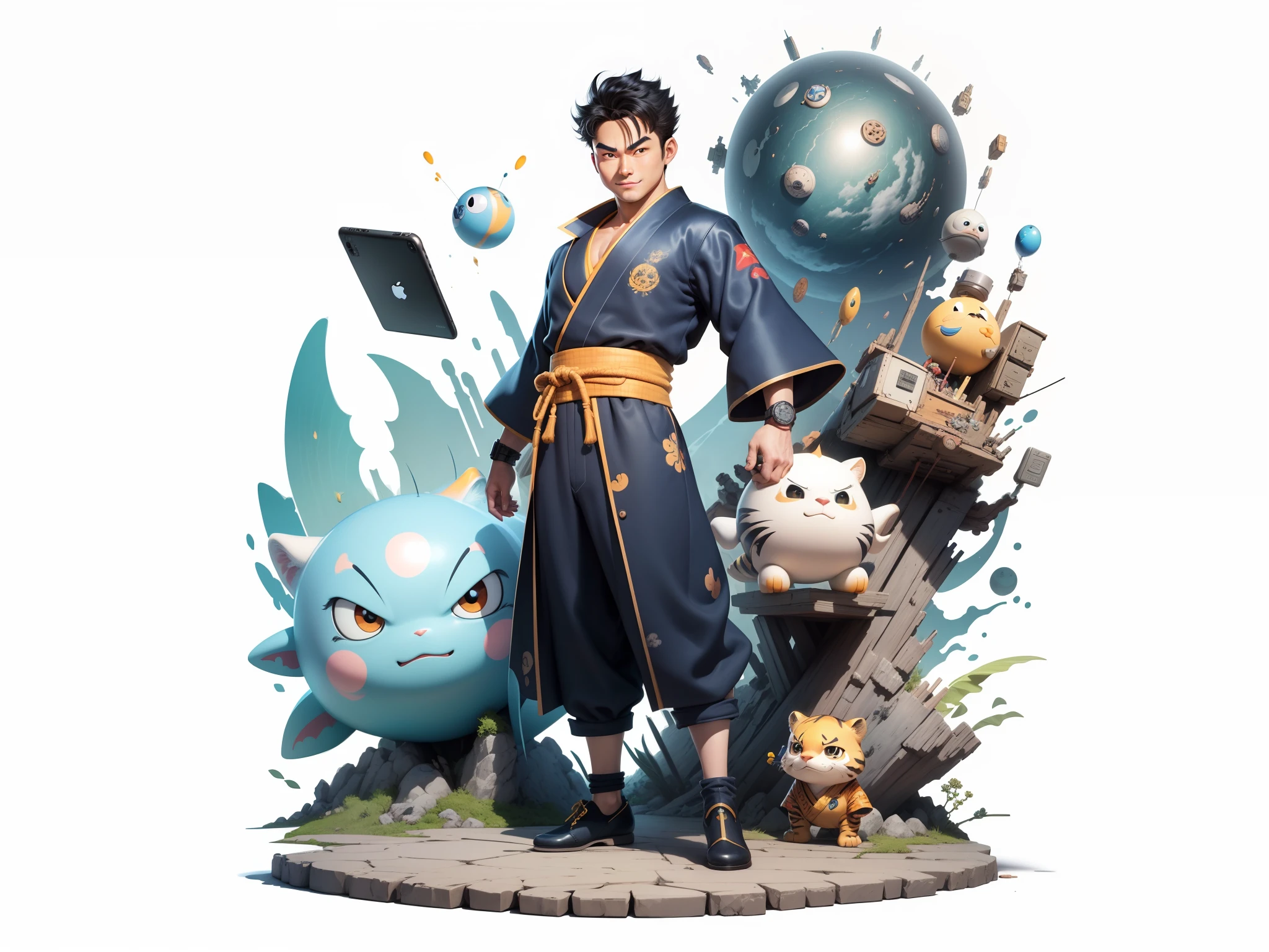 (Masterpiece), (Excellent), (Super Meticulous), (Full Body: 1.2), Super Young Man, Oriental Face, Japanese Kimono, Japanese Wind Thunder God, Dragon, Tiger, TV Anchor, Bust Portrait Illustration, Alone, Black Suit, Blue Tie, Slightly Chubby Face, Very Clean Face, No Beard, Black Super Short Hair, Black Eyes, Confident Smile, 3c Computer Sub-Products, iPad, iPhone, Digital Painting, 3D Character Design by Akira Toriyama and Mark Claireden and Pixar and Hayao Miyazaki, The illustration is a high-definition illustration in 4K resolution with very detailed facial features and cartoon-style visuals.