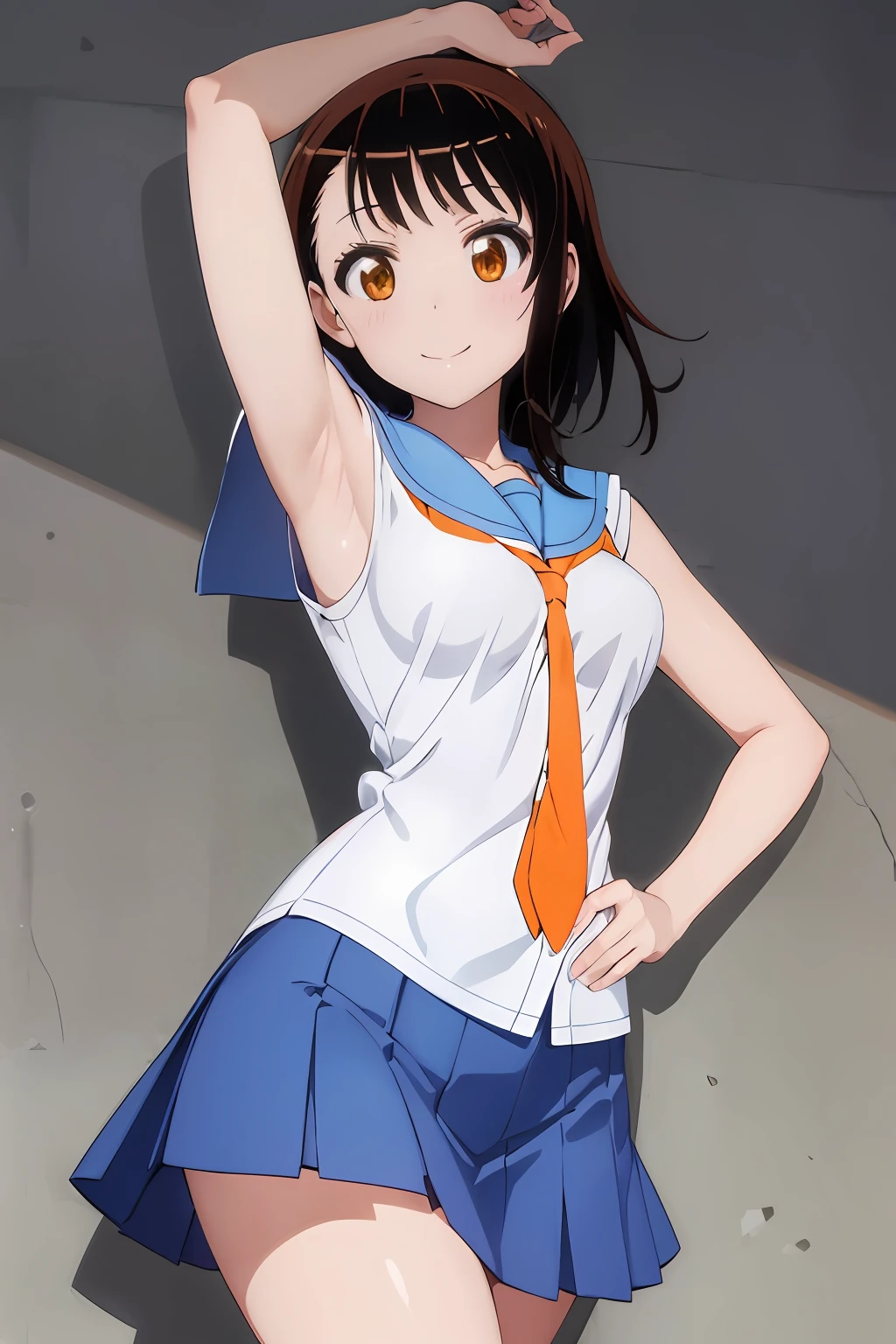 (extremely detailed CG unity 8k wallpaper), (masterpiece), (best quality), (ultra-detailed), (best illustration), (best shadow), (absurdres), 1girl, solo, onodera kosaki, school uniform, serafuku, orange tie, light blue skirt, own hands together, looking at viewer, smile, opened clothes, presenting armpit, armpit, arm up